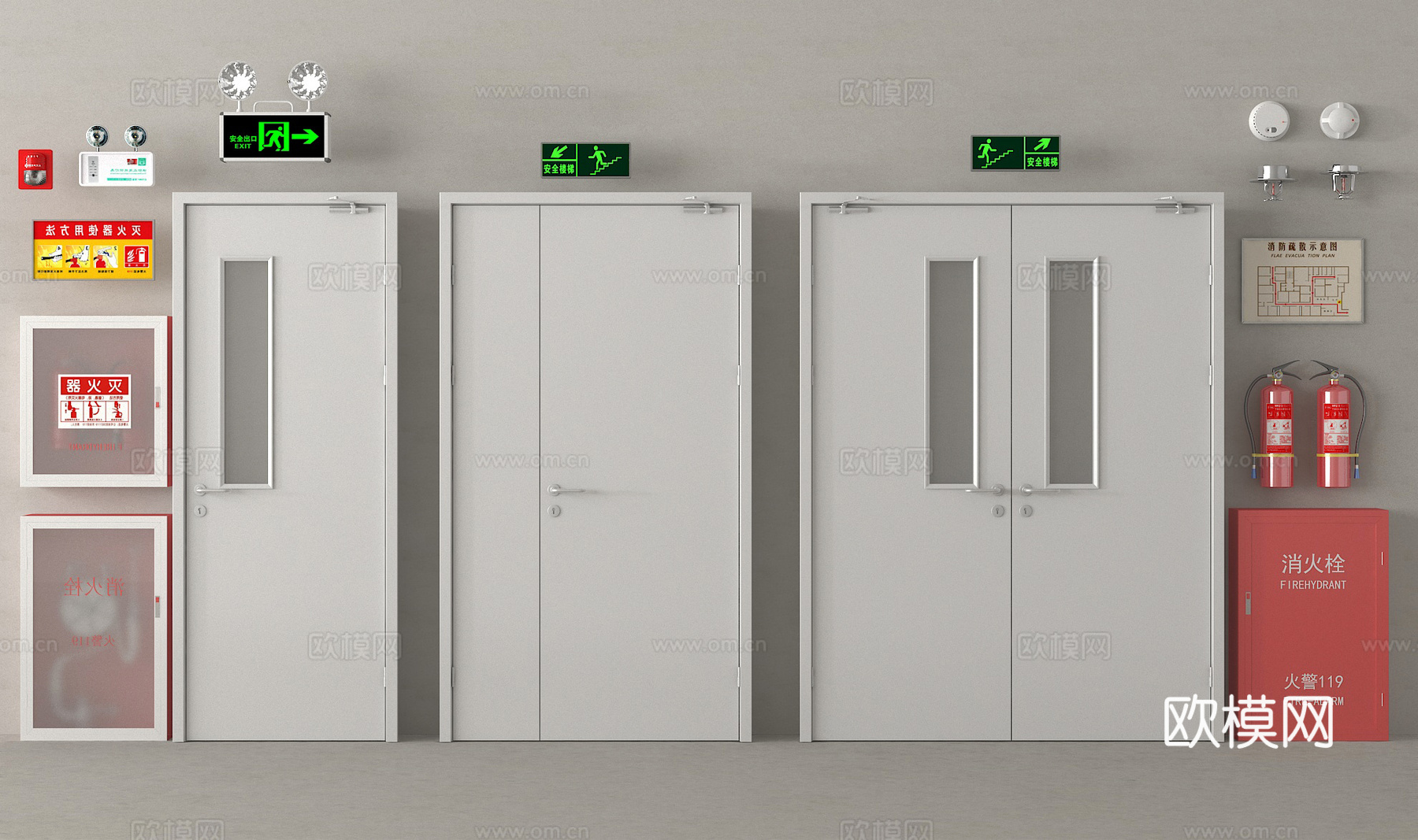 消防门 防火门 安全门 消防栓 灭火器su模型