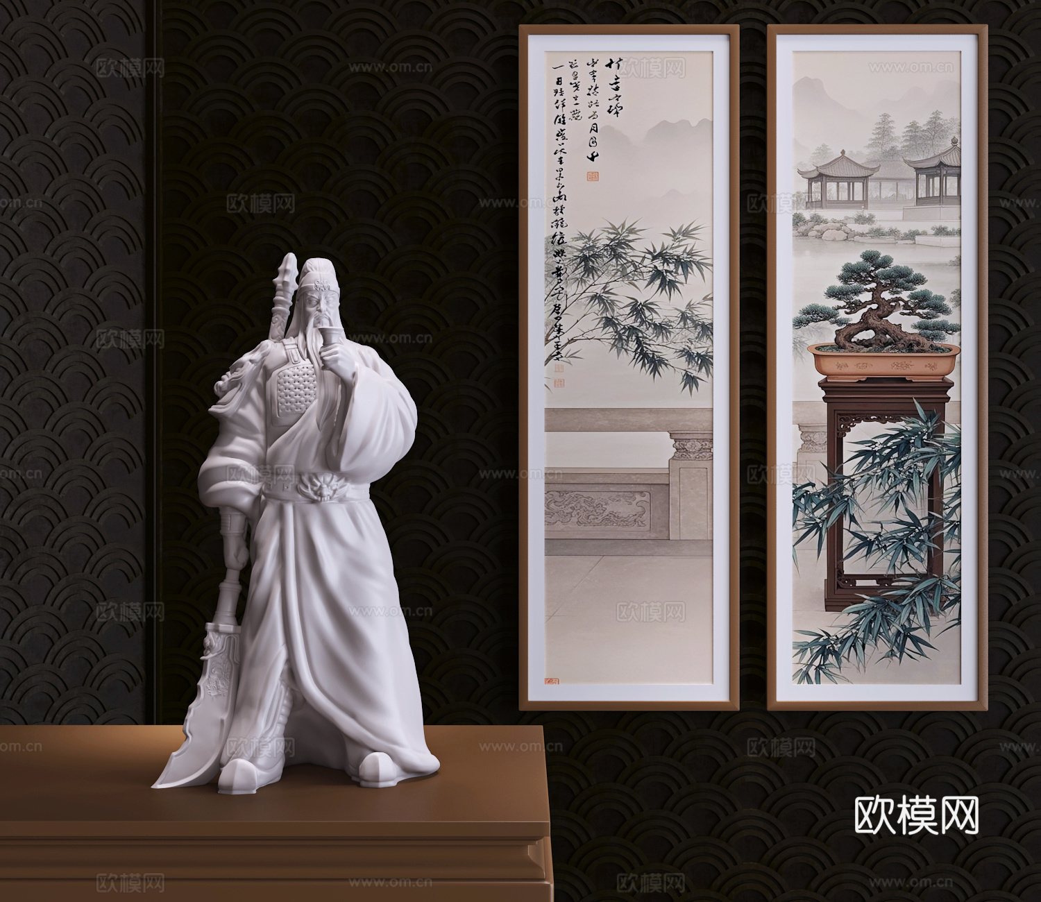 现代新中式关公喝酒雕塑艺术摆件3d模型