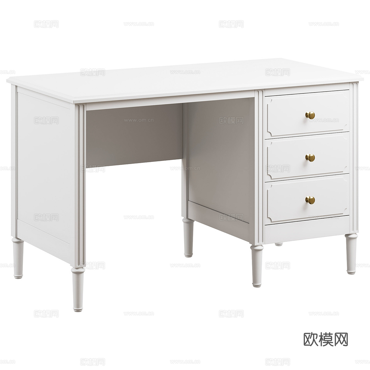 美式簡(jiǎn)約白色混油書桌3d模型下載（渲染圖1）