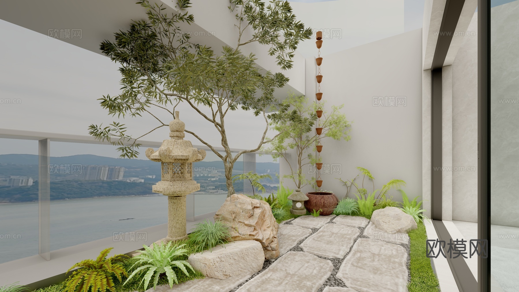 现代休闲阳台新中式风格景观设计景观汀步植物造景蕨类植物su模型