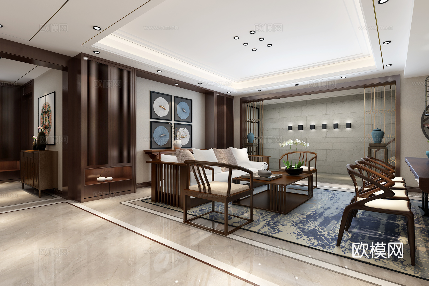 新中式会客厅 阳台 厨房 玄关 楼梯 壁灯 吧台 茶台 古筝3d模型