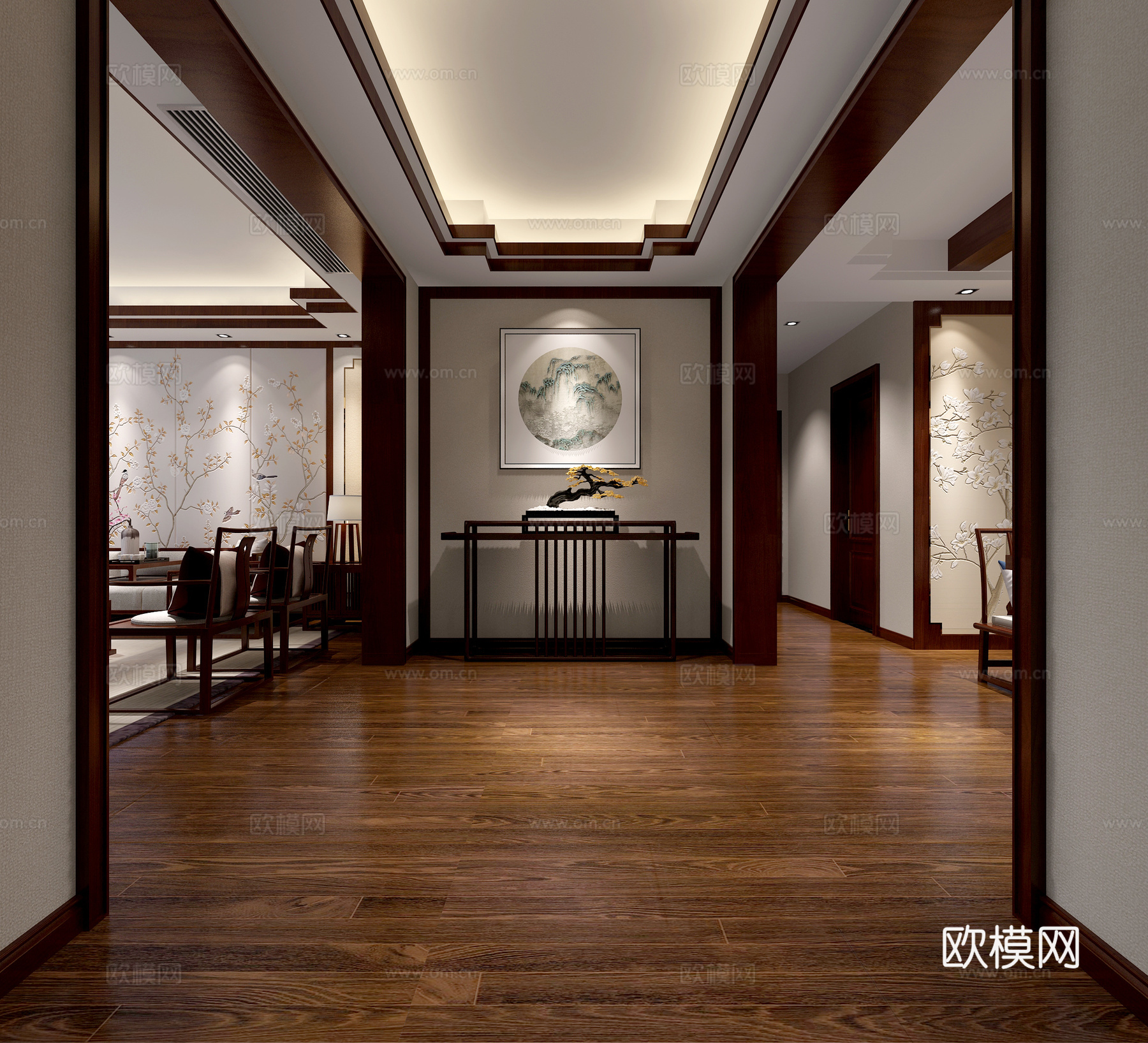 新中式客餐厅沙发茶几 餐桌椅 吊灯挂画 鞋柜电视柜3d模型