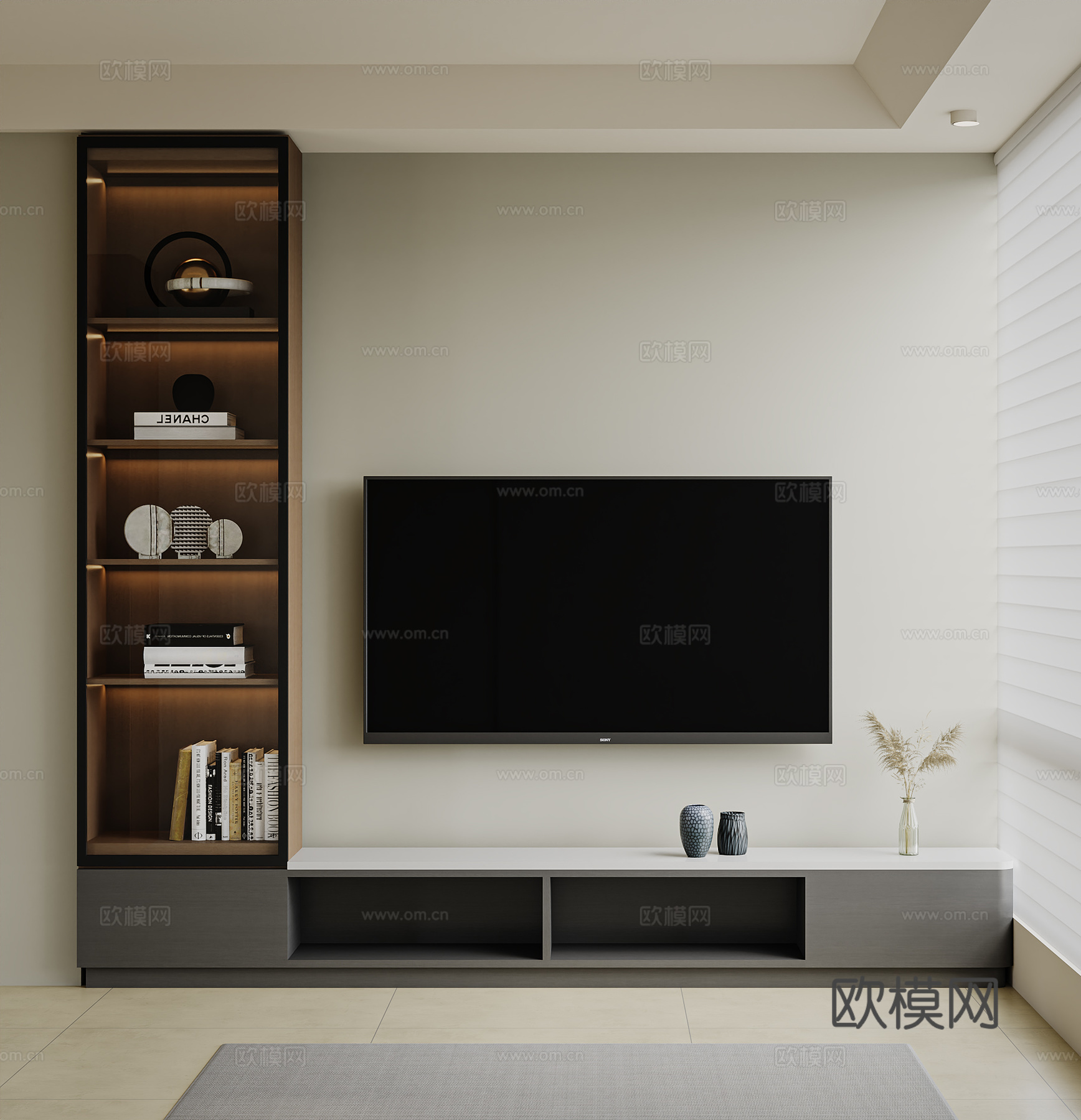现代电视柜 极简书柜  挂墙电视3d模型