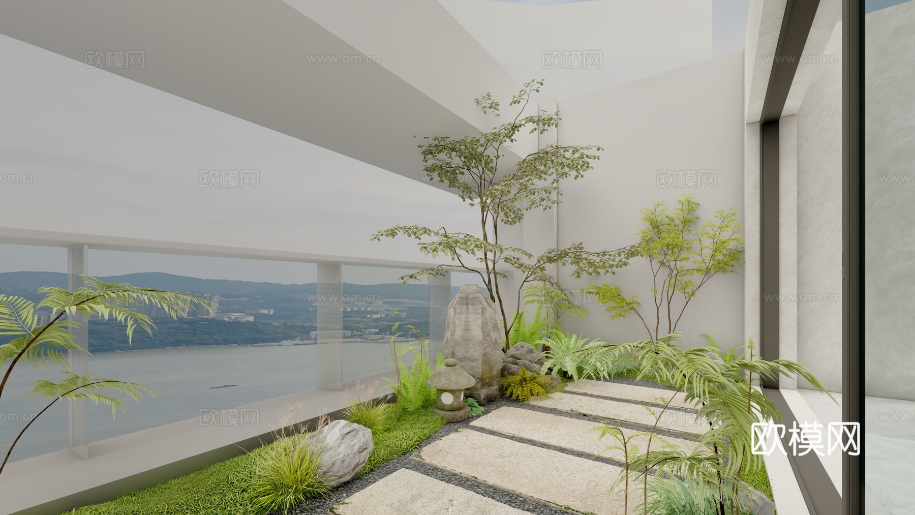 现代休闲阳台新中式风格景观设计景观汀步植物造景蕨类植物su模型