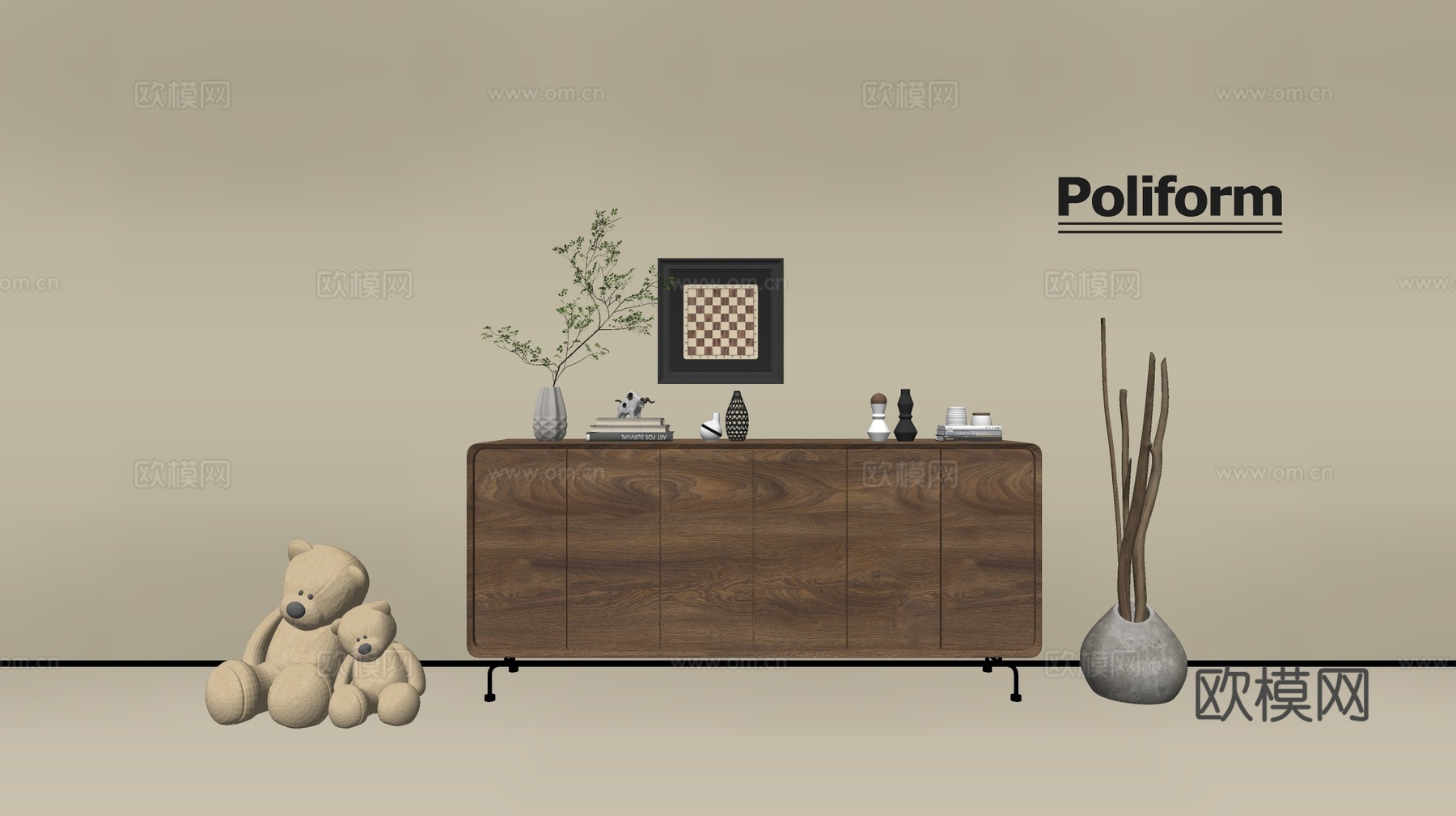 现代木纹电视柜 简约边柜 斗柜 矮柜  整体柜 餐边柜 阳台su模型下载（渲染图2）