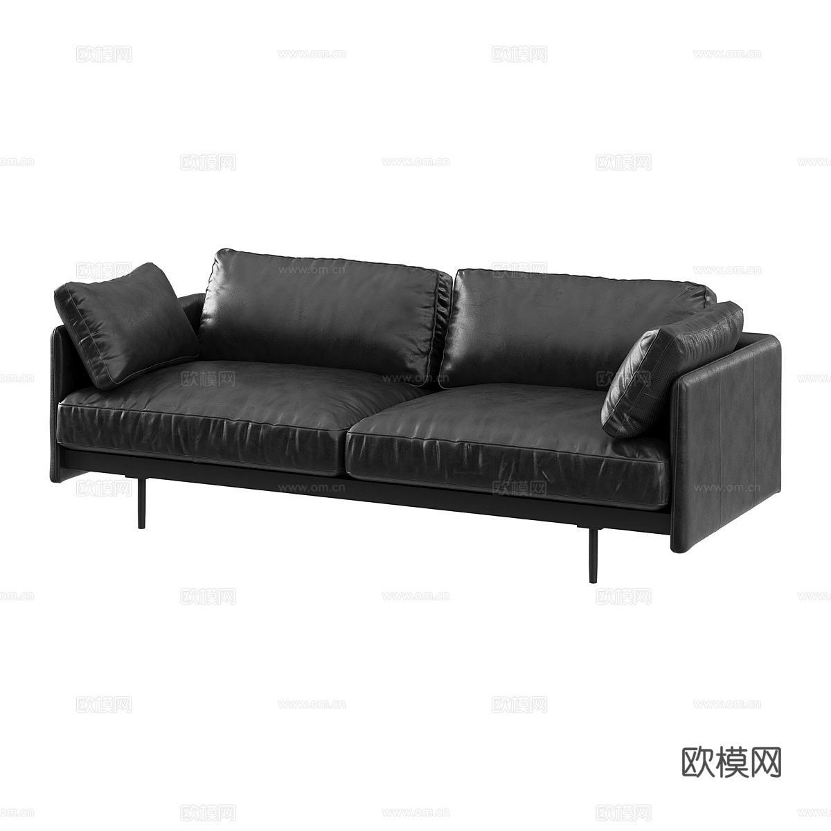 现代意式黑色皮革双人休闲沙发3d模型