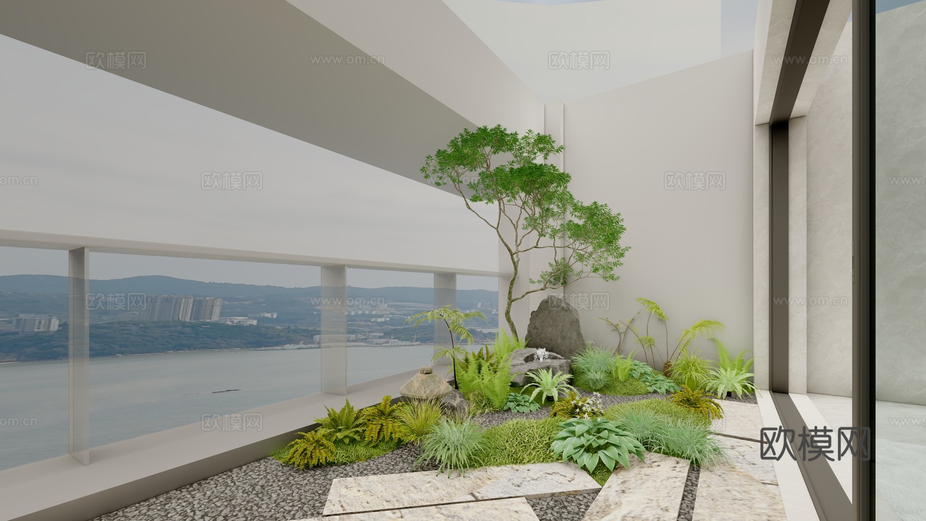 现代休闲阳台新中式风格景观设计景观汀步植物造景蕨类植物su模型
