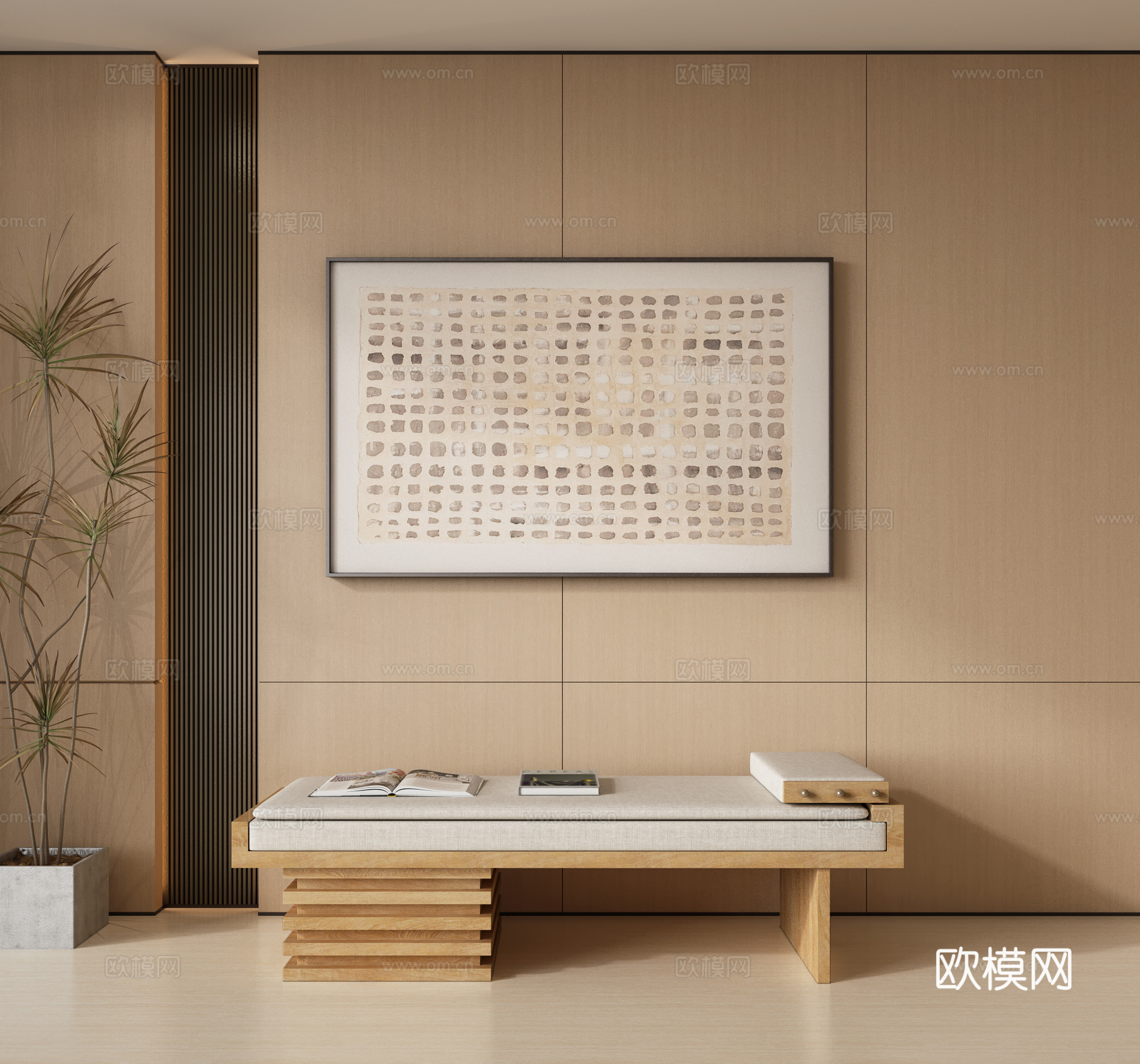 新中式沙发凳 床尾凳 长凳 长椅 长榻 挂画 换鞋凳3d模型