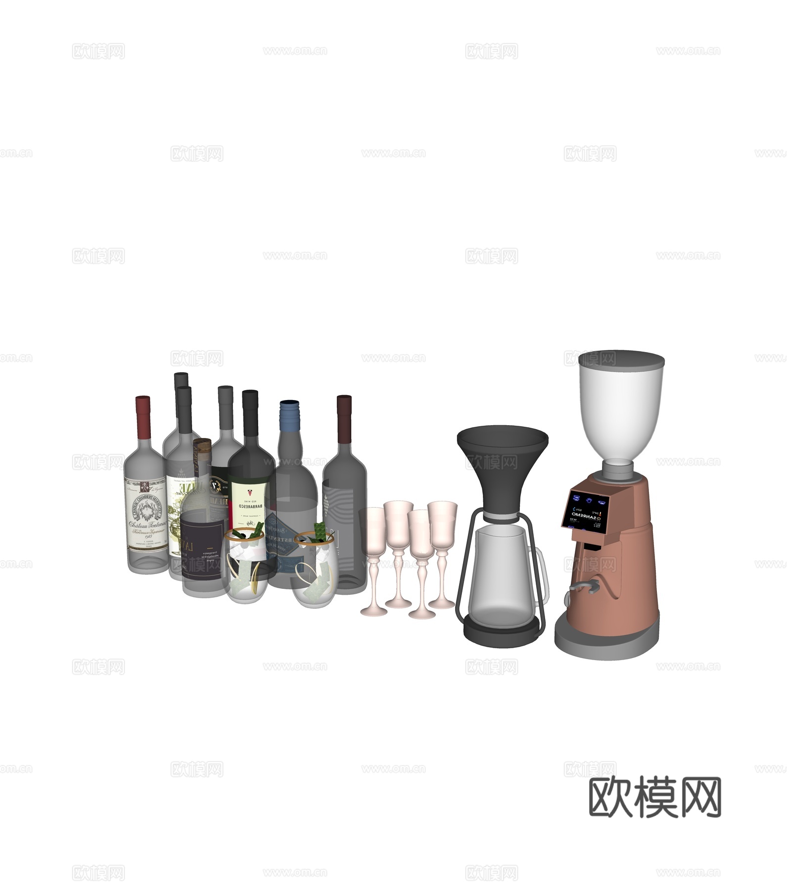 现代酒瓶 红酒 酒杯 咖啡机su模型