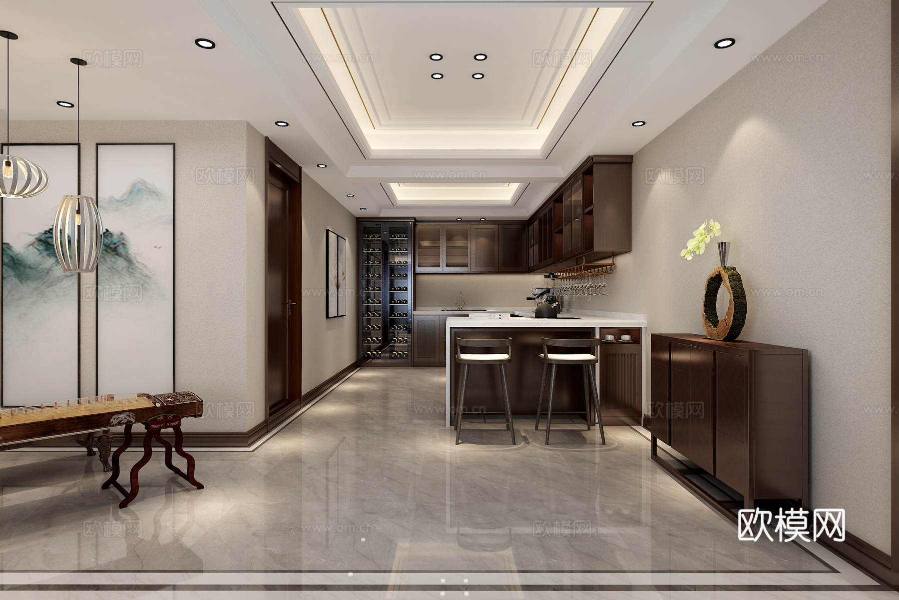 新中式会客厅 阳台 厨房 玄关 楼梯 壁灯 吧台 茶台 古筝3d模型
