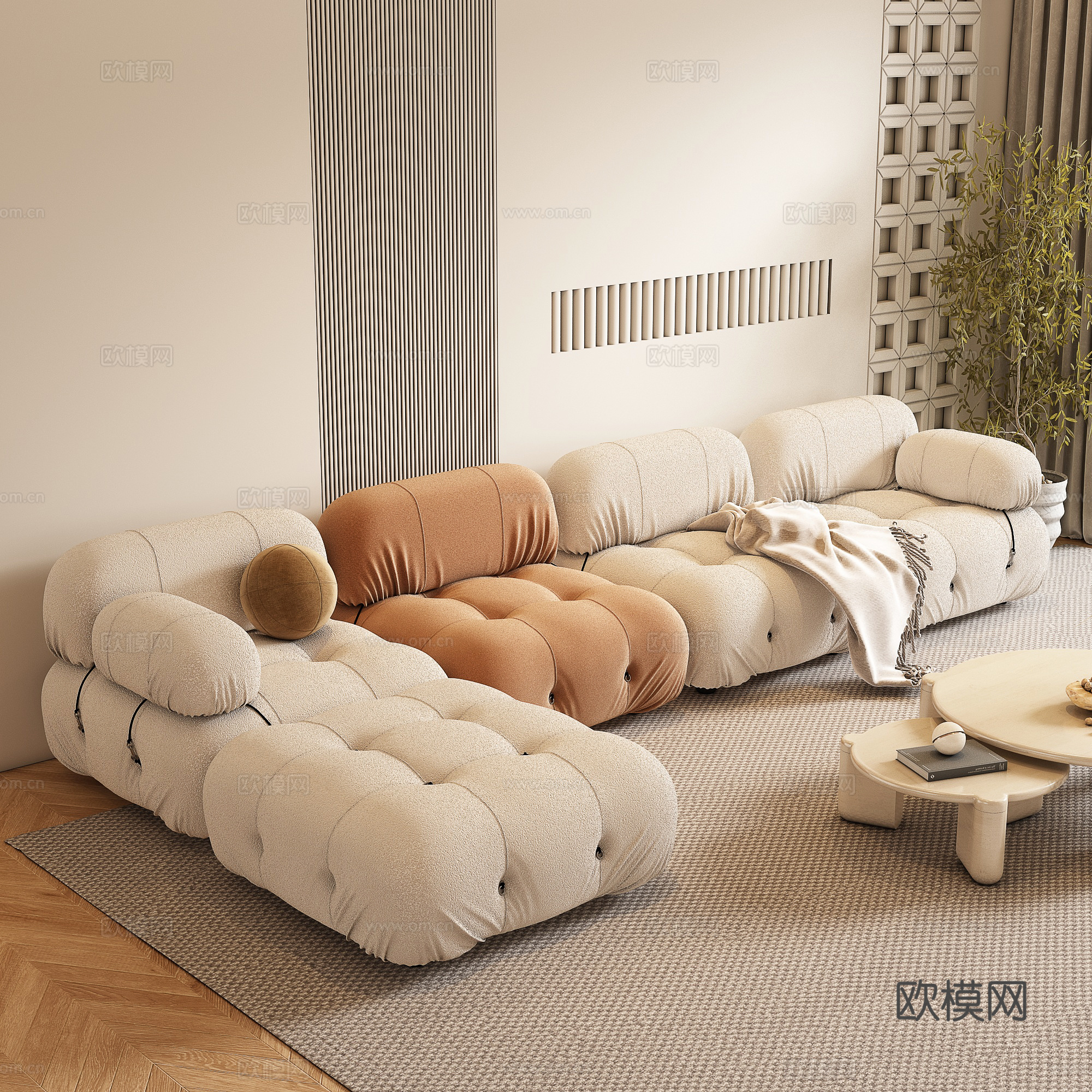 奶油风多人沙发组合su模型