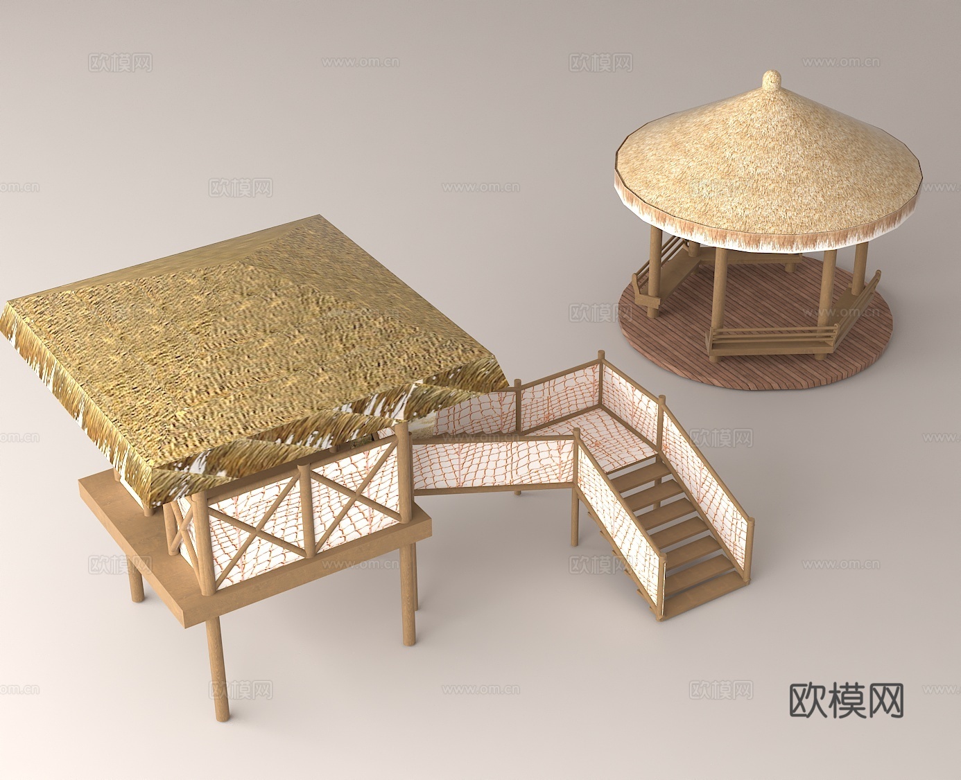 户外木质建筑 茅草屋顶建筑 景观亭 休闲亭 木质结构3d模型