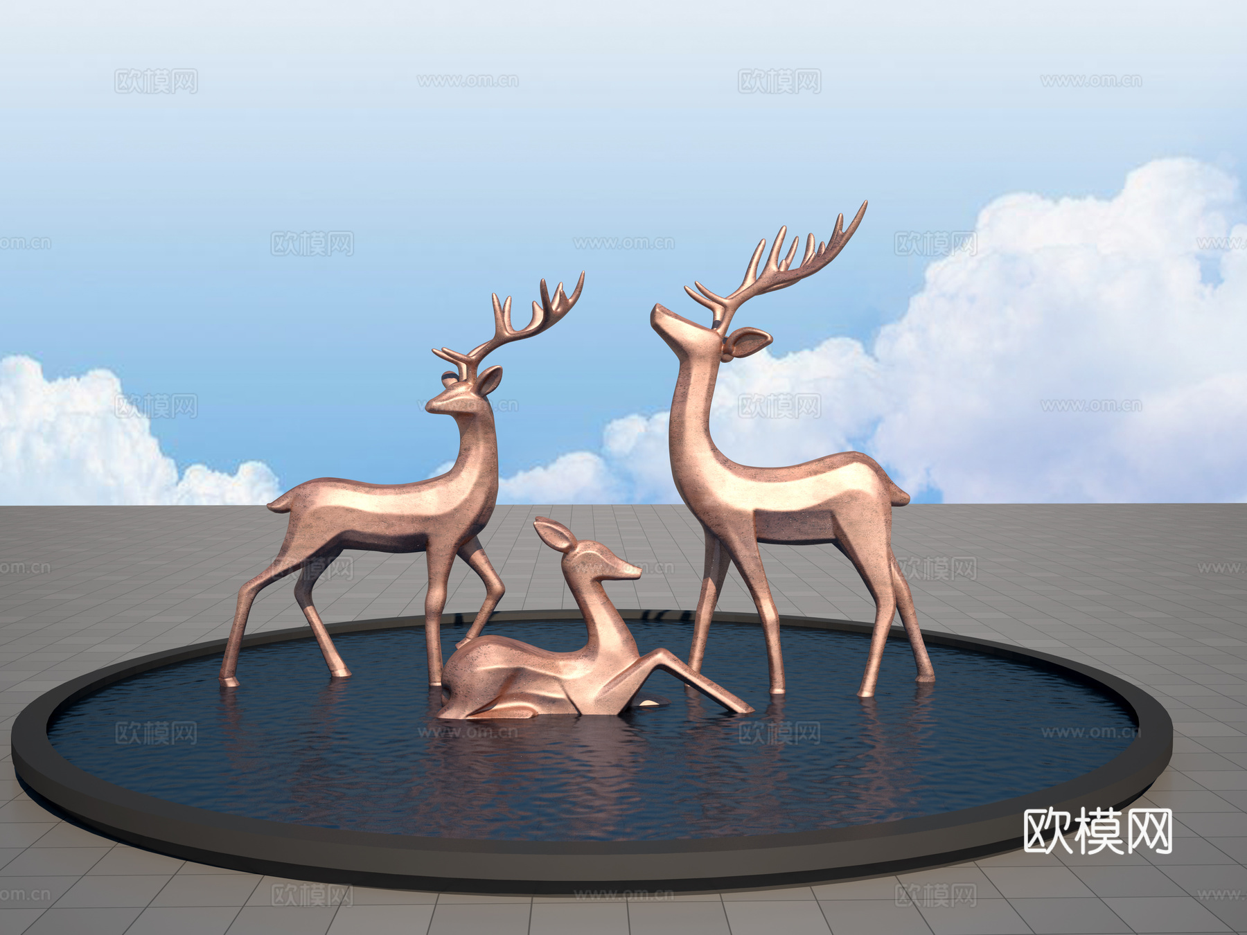 现代雕塑三只小鹿3d模型