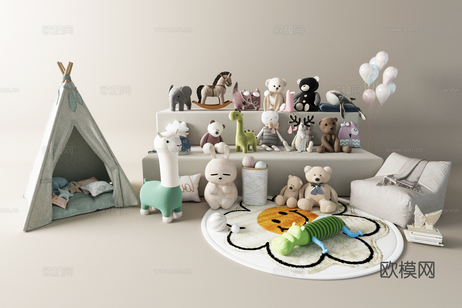 现代玩具玩偶组合 毛绒玩具 毛绒玩偶3d模型