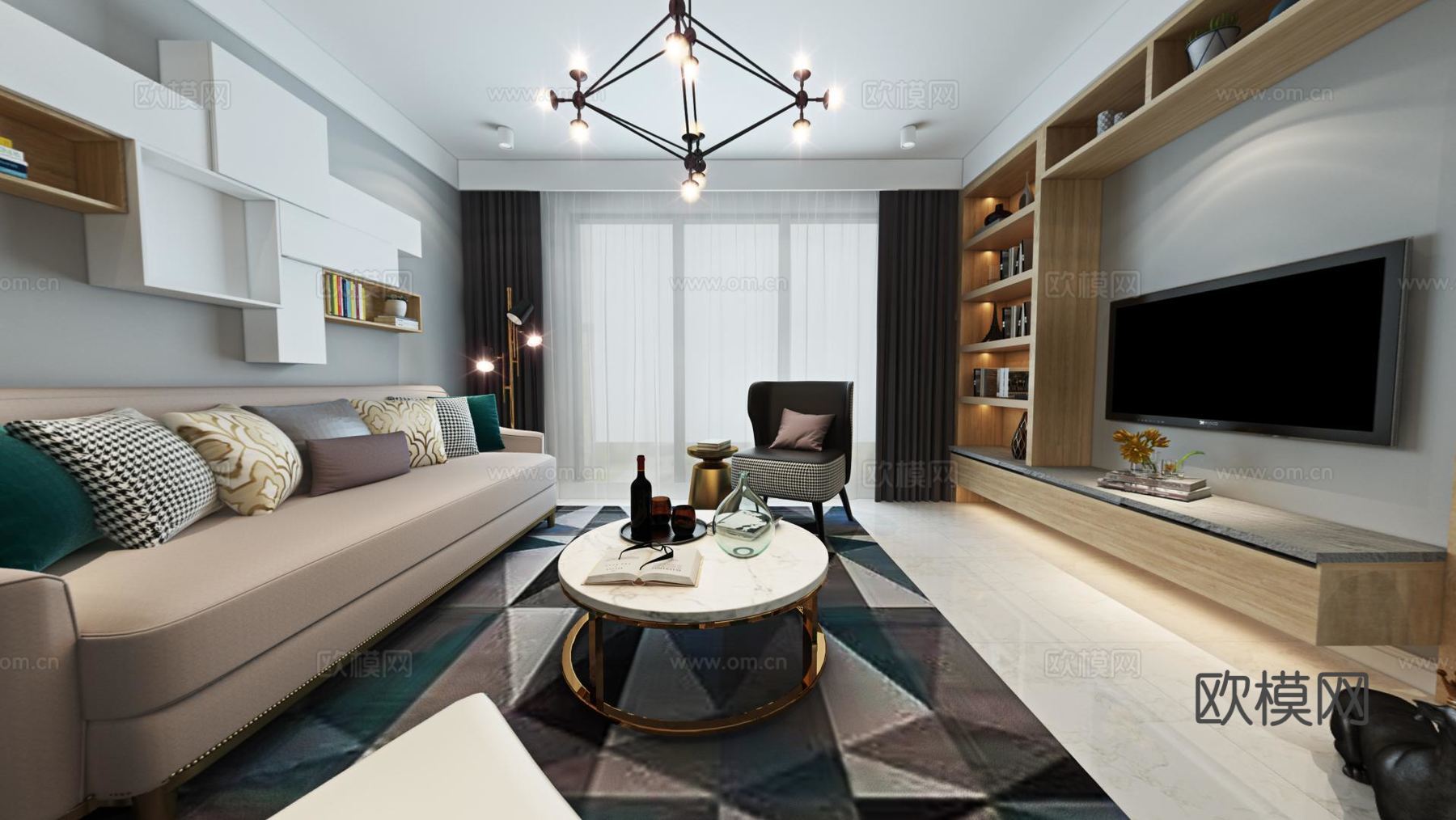 北欧 现代客厅 餐厅 沙发 茶几 分子灯 电柜柜 休闲椅3d模型