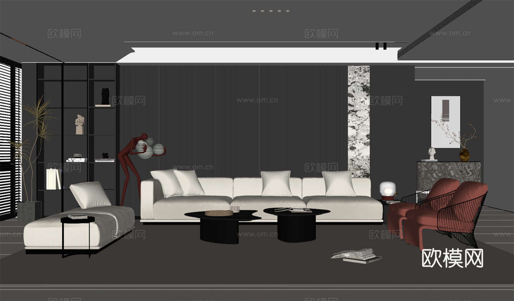 意式轻奢家居客厅 布艺沙发茶几组合 暗黑风沙发背景墙 无主灯su模型