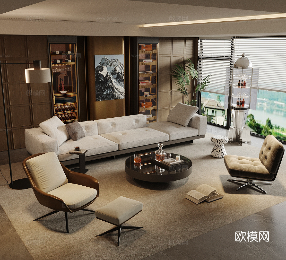 现代意式家居客厅 轻奢意式客厅 沙发茶几组合 高级灰客厅3d模型