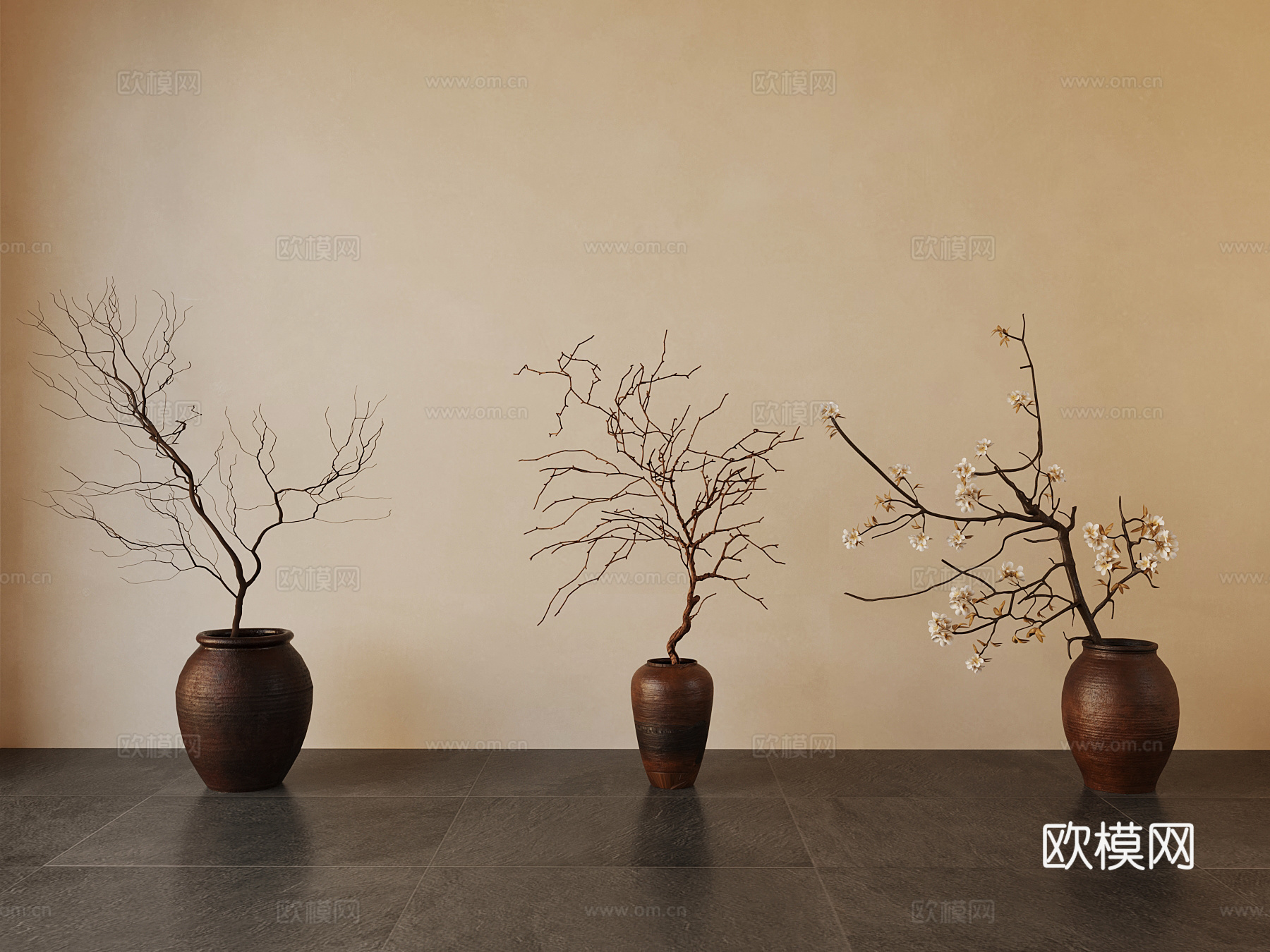 新中式陶罐花瓶 花艺 干枝 树枝3d模型