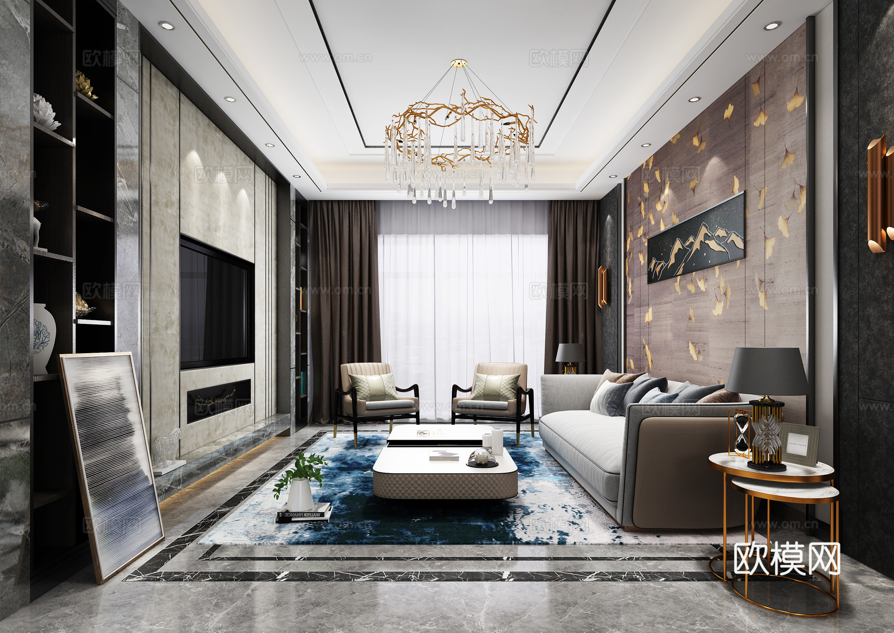 现代客厅 沙发 电视背景 茶几 边几 吊灯 挂画3d模型