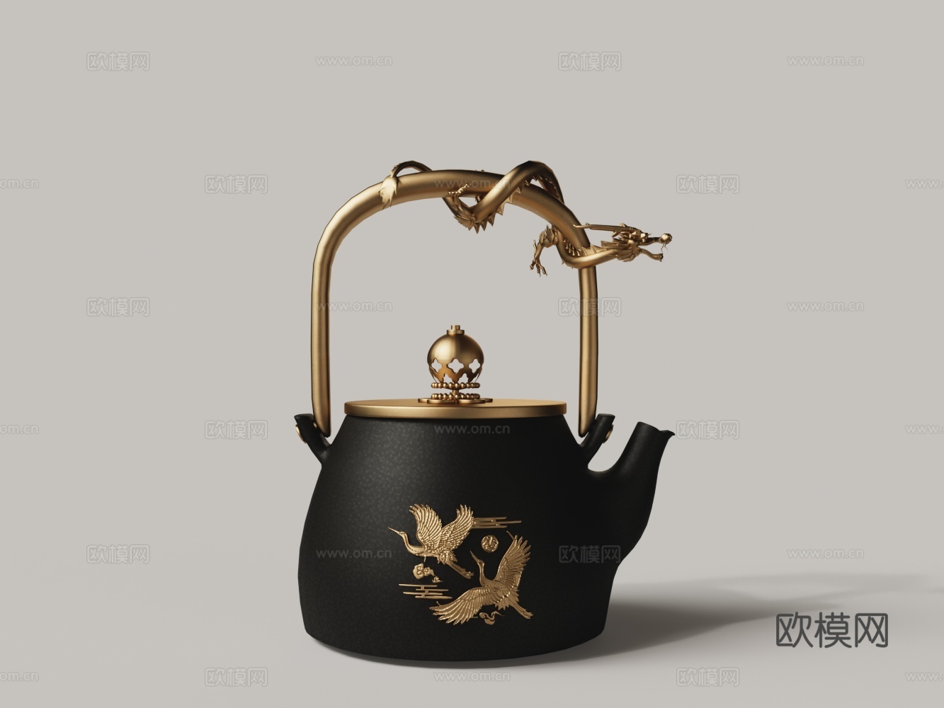 中式仙鹤盘龙黑色陶土黄铜雕花茶壶茶具3d模型
