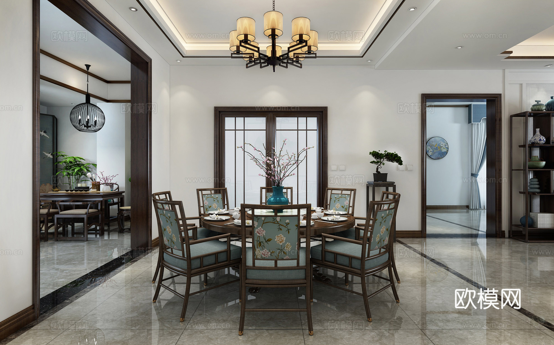 新中式客厅餐厅 吊灯 挂画 沙发 茶几 餐桌椅3d模型