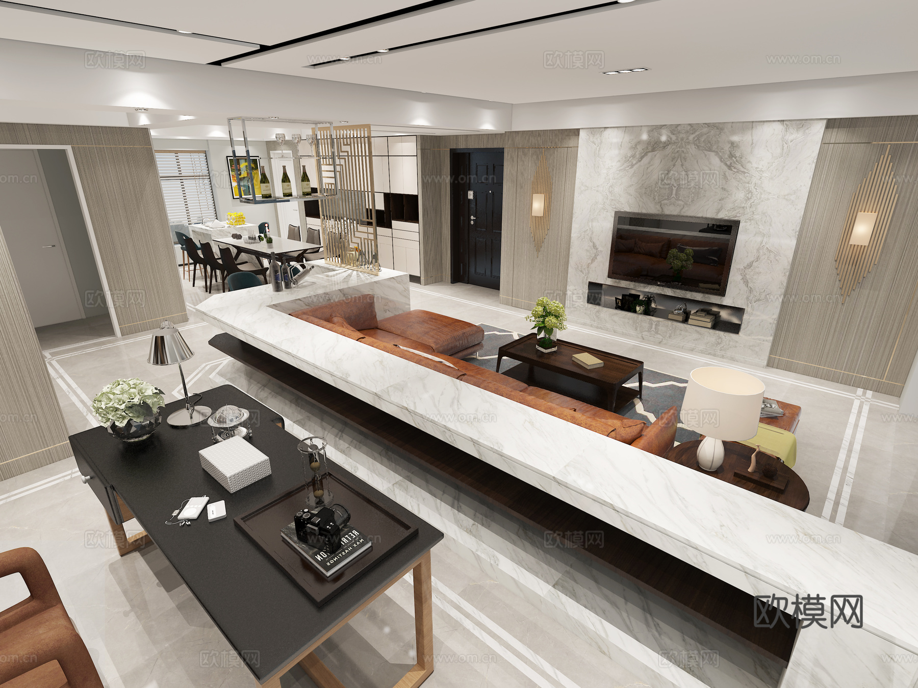 现代客厅餐厅 沙发组合 餐桌 书柜3d模型
