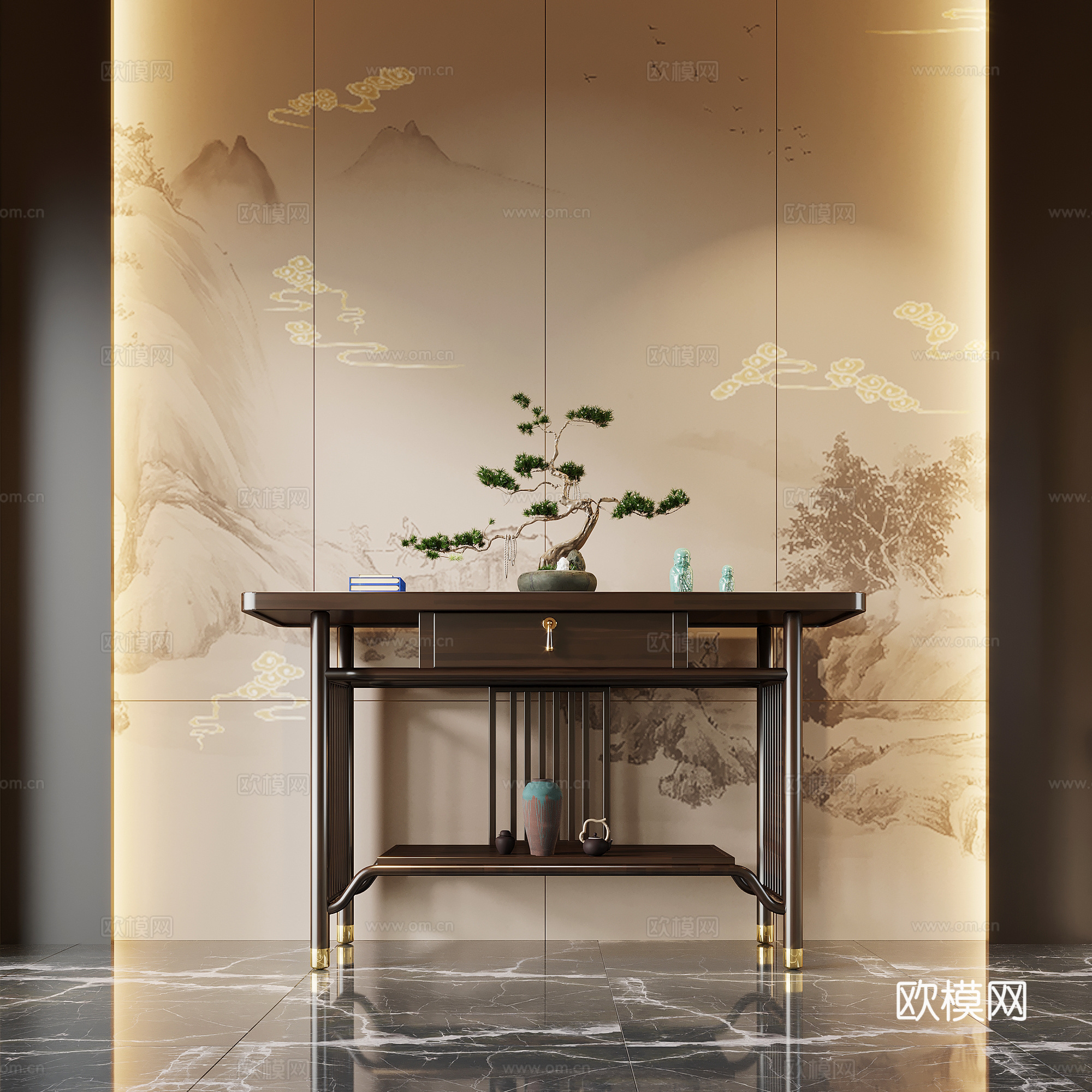玄关 新中式玄关 端景柜 玄关柜 盆栽盆景 摆件3d模型