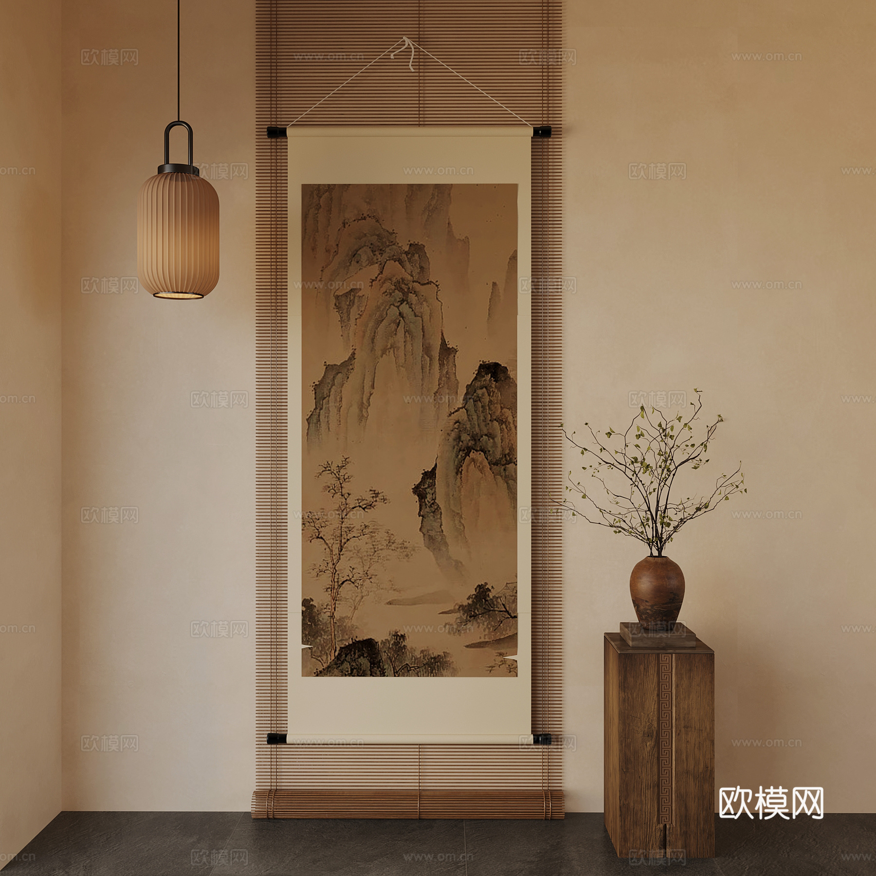 新中式装饰画 挂画 吊灯 花瓶3d模型
