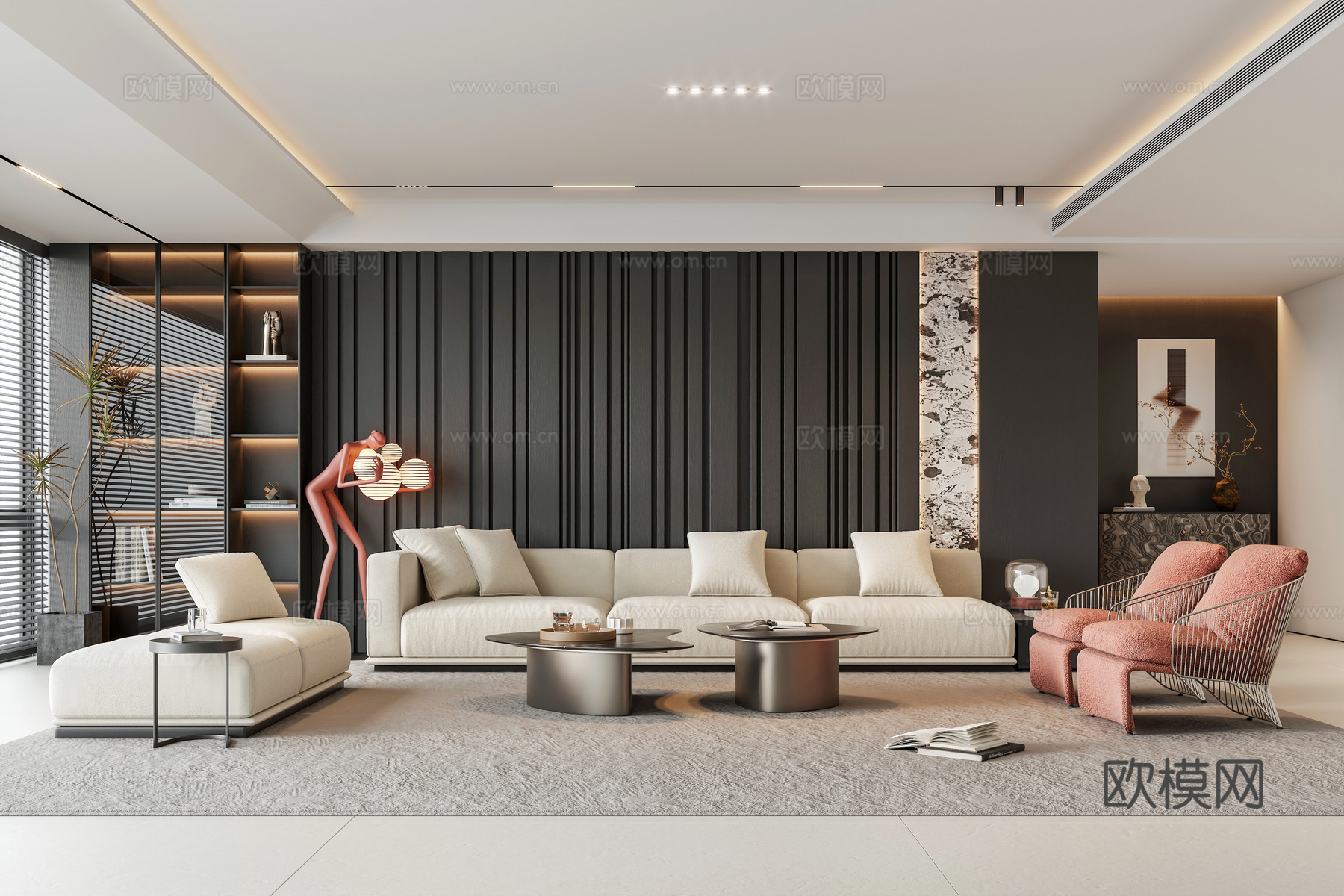 意式轻奢家居客厅 布艺沙发茶几组合 暗黑风沙发背景墙 无主灯su模型