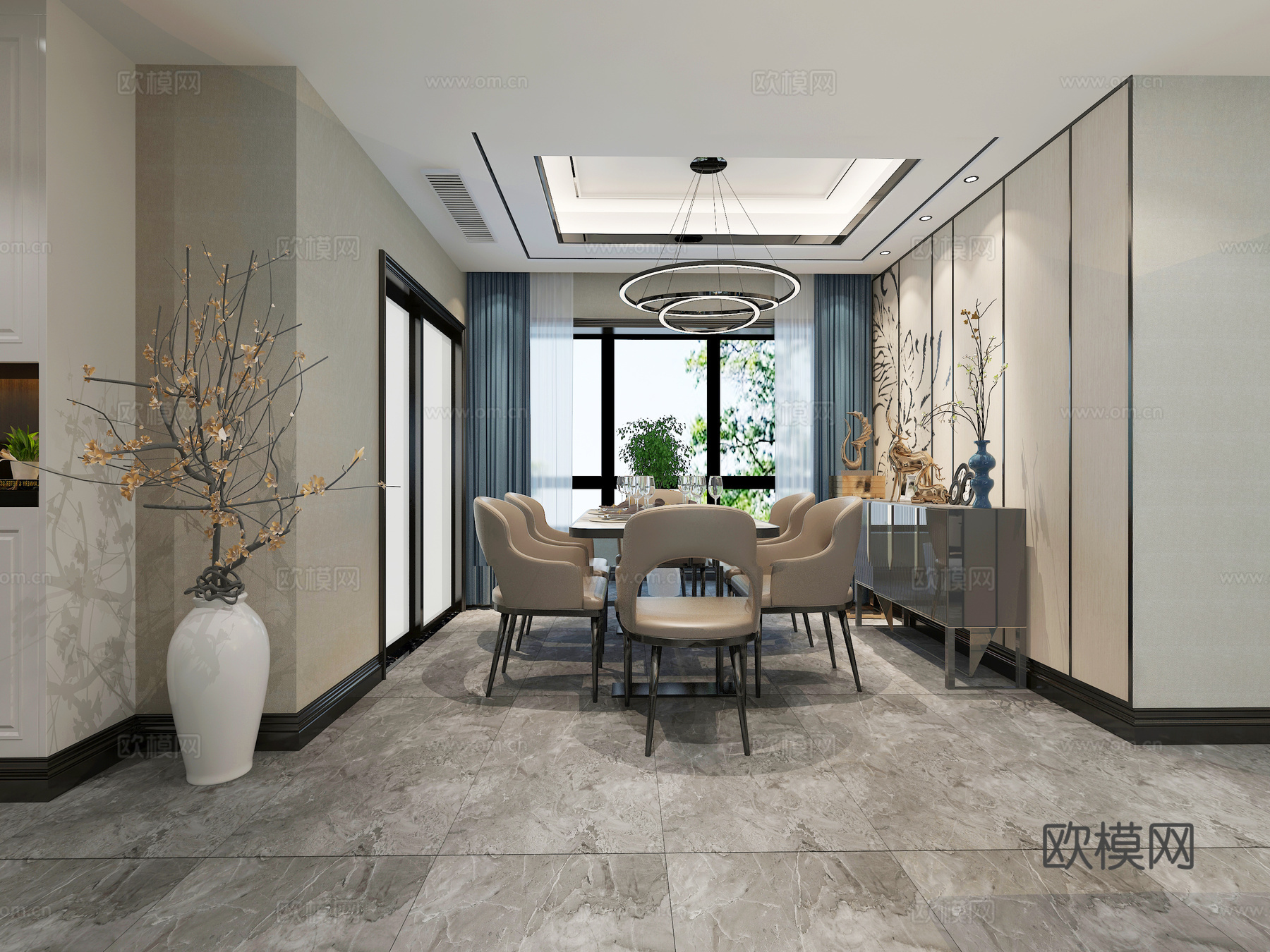 现代客餐厅吊灯 挂画 餐桌3d模型