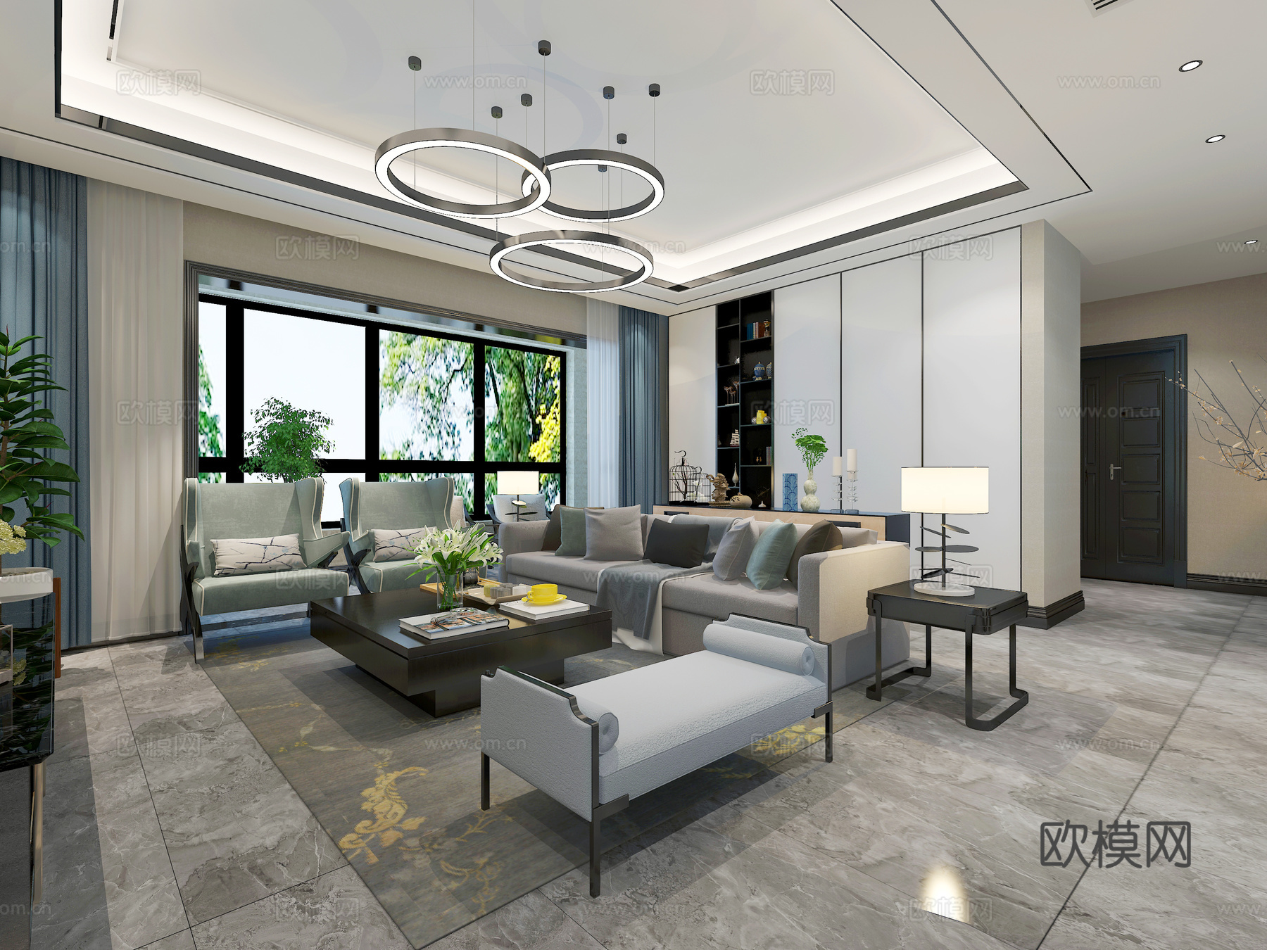 现代客餐厅吊灯 挂画 餐桌3d模型