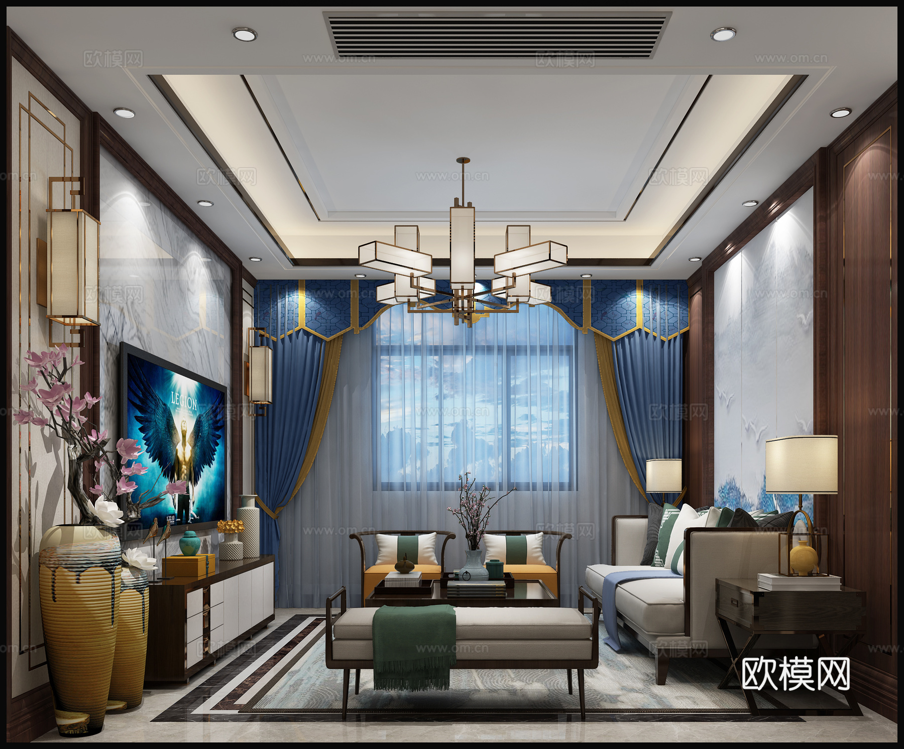 新中式客餐厅 沙发茶几 过道 玄关柜3d模型