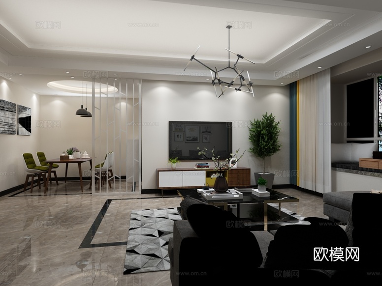 現(xiàn)代簡(jiǎn)約客餐廳3d模型下載(渲染圖3)