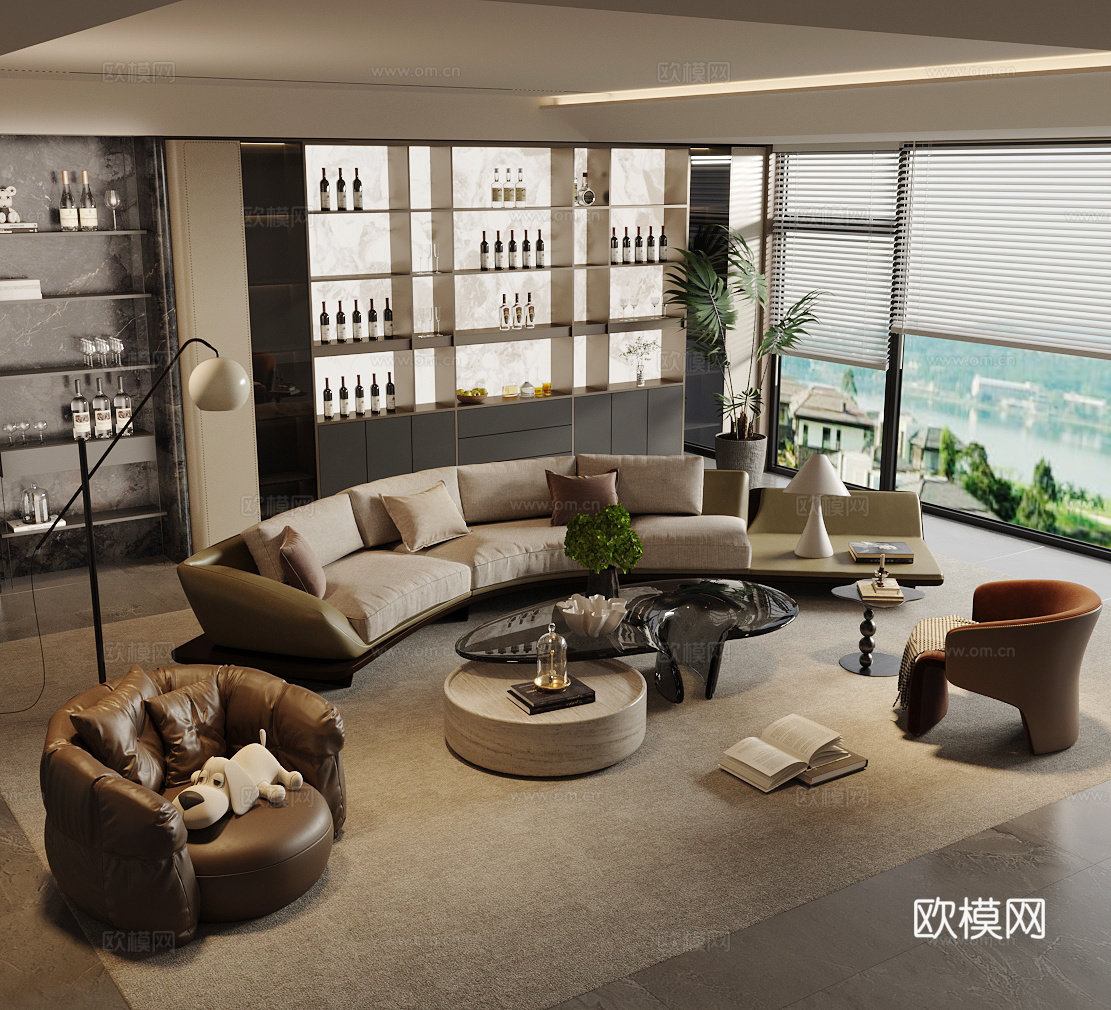 现代意式家居客厅 轻奢意式客厅 沙发茶几组合 高级灰客厅3d模型