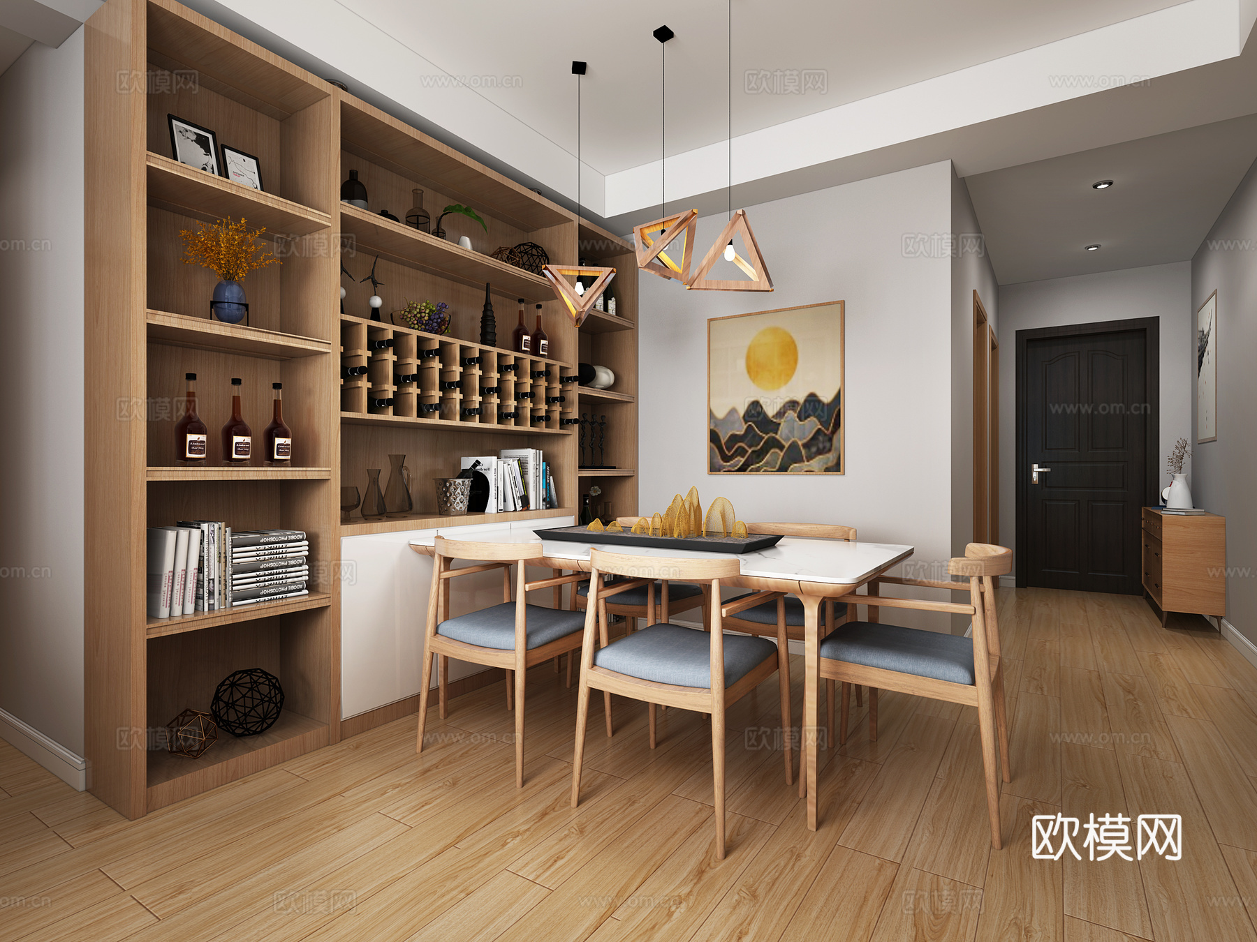 日式客厅 餐厅酒柜 吊灯 时钟3d模型