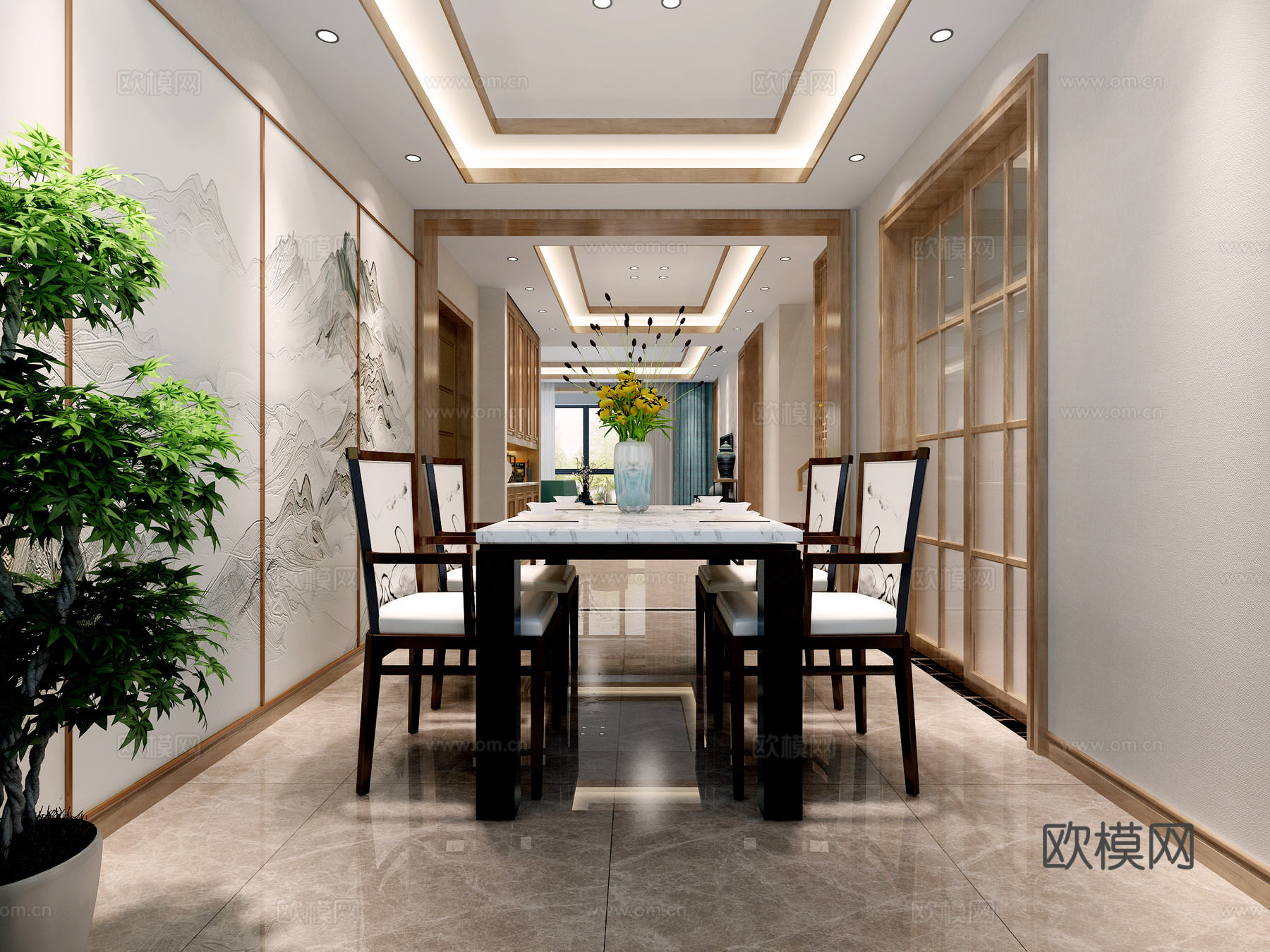 新中式客餐厅沙发茶几 餐桌椅 吊灯挂画 鞋柜电视柜3d模型