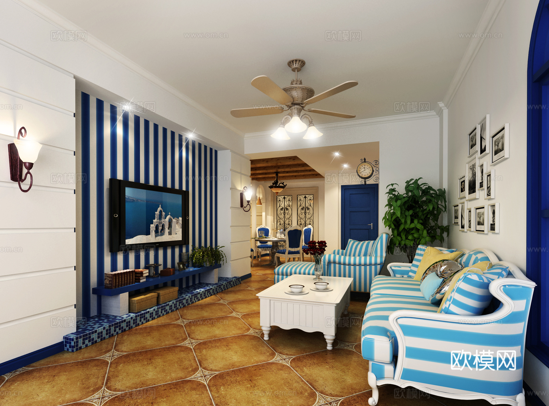 地中海客厅 沙发组合 风扇灯 壁灯 照片墙 时钟3d模型