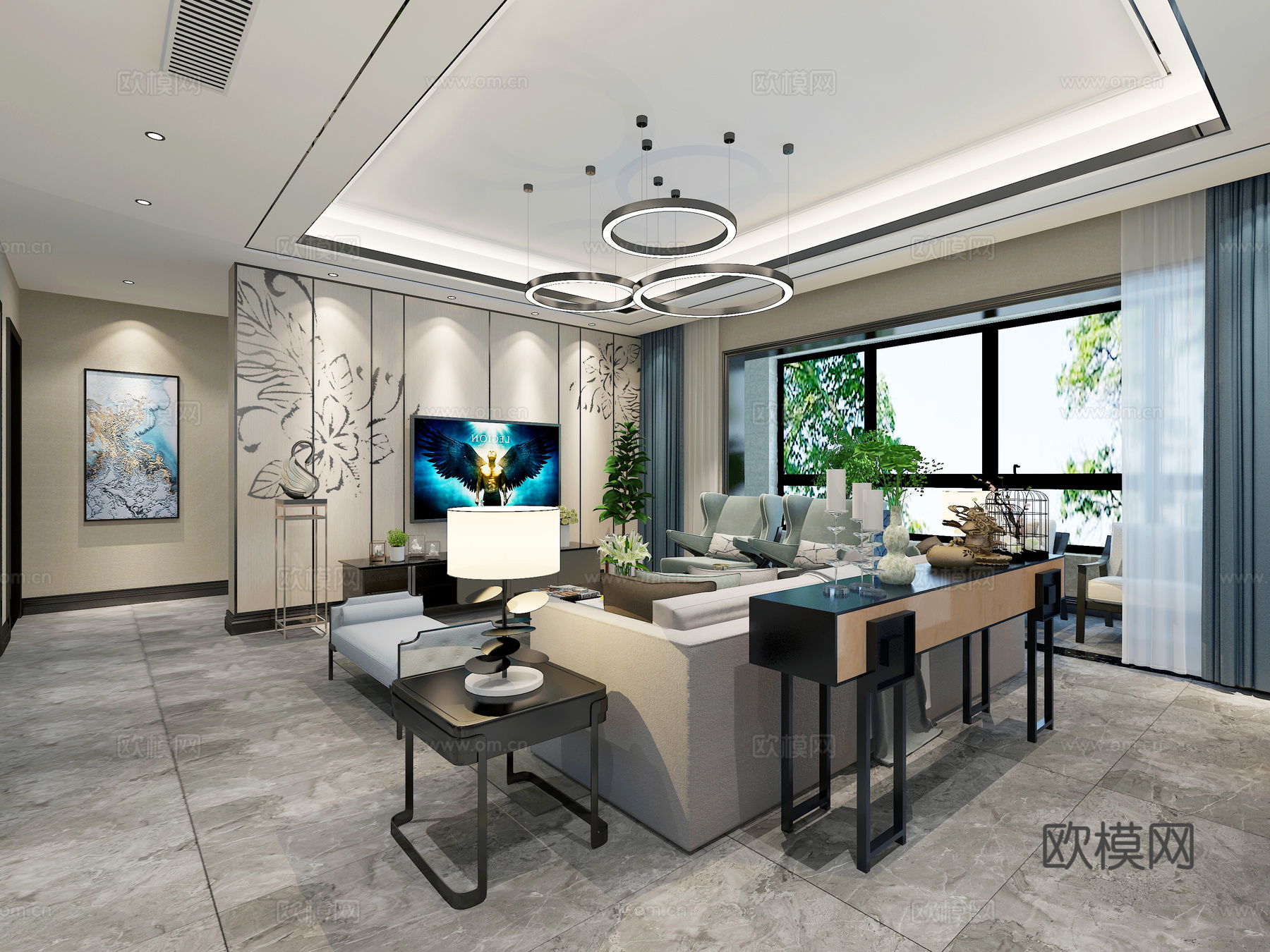 现代客餐厅吊灯 挂画 餐桌3d模型