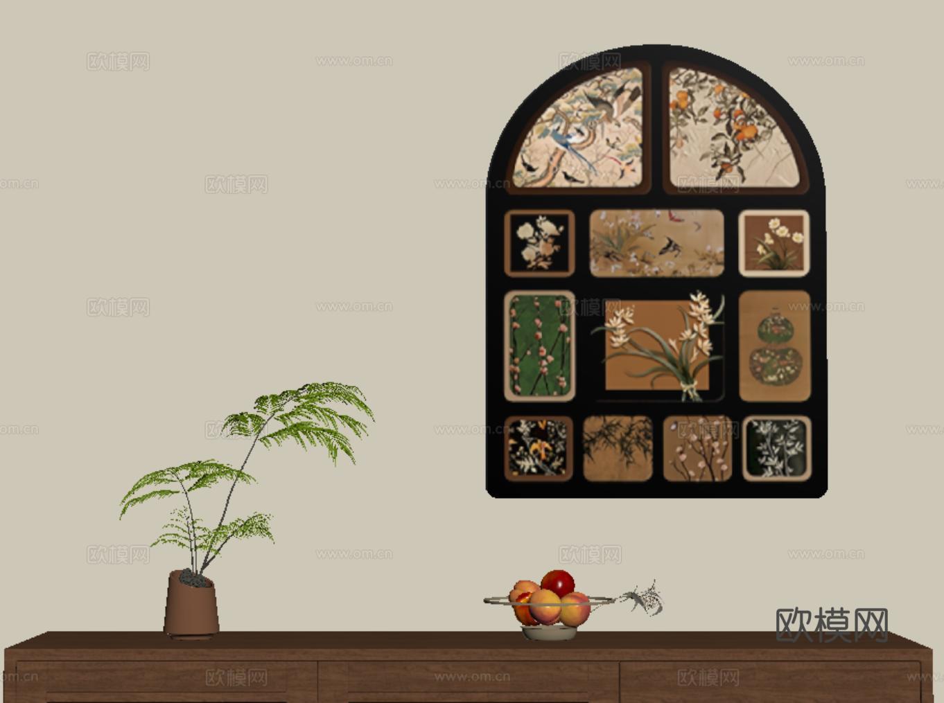 中古复古挂画 装饰画 壁画 玄关画_植物画su模型