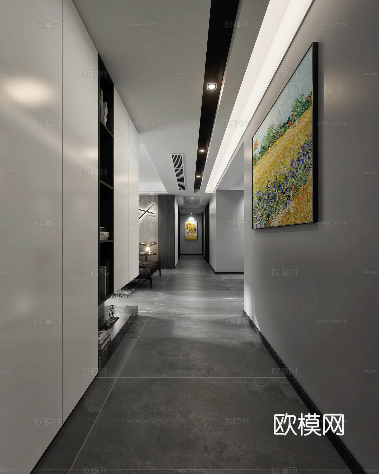 现代工业风客餐厅玄关组合 地毯 落地灯挂画钟表 餐桌椅3d模型