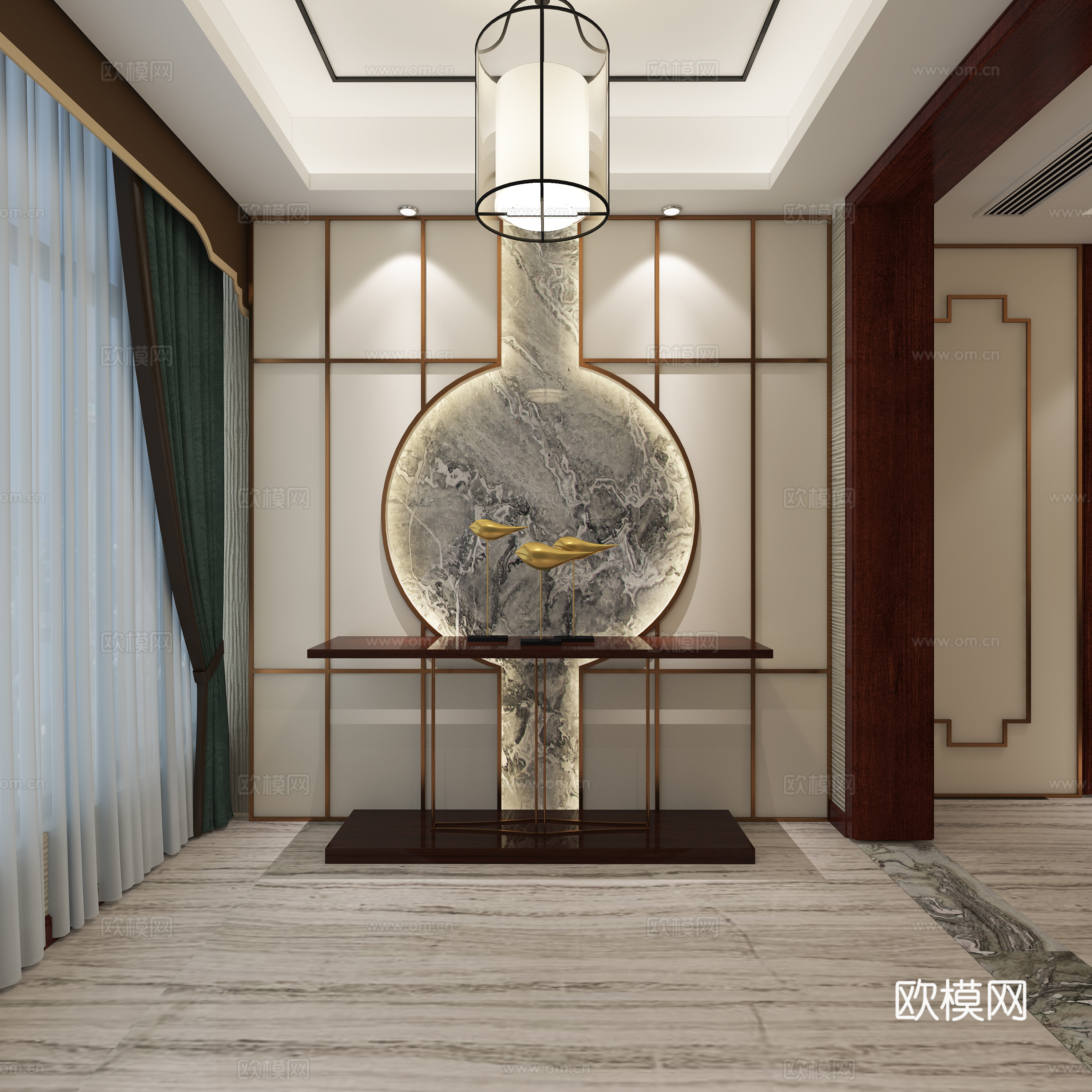 中式客厅餐厅玄关 沙发组合 餐桌电视柜 吊灯 壁灯 条案3d模型
