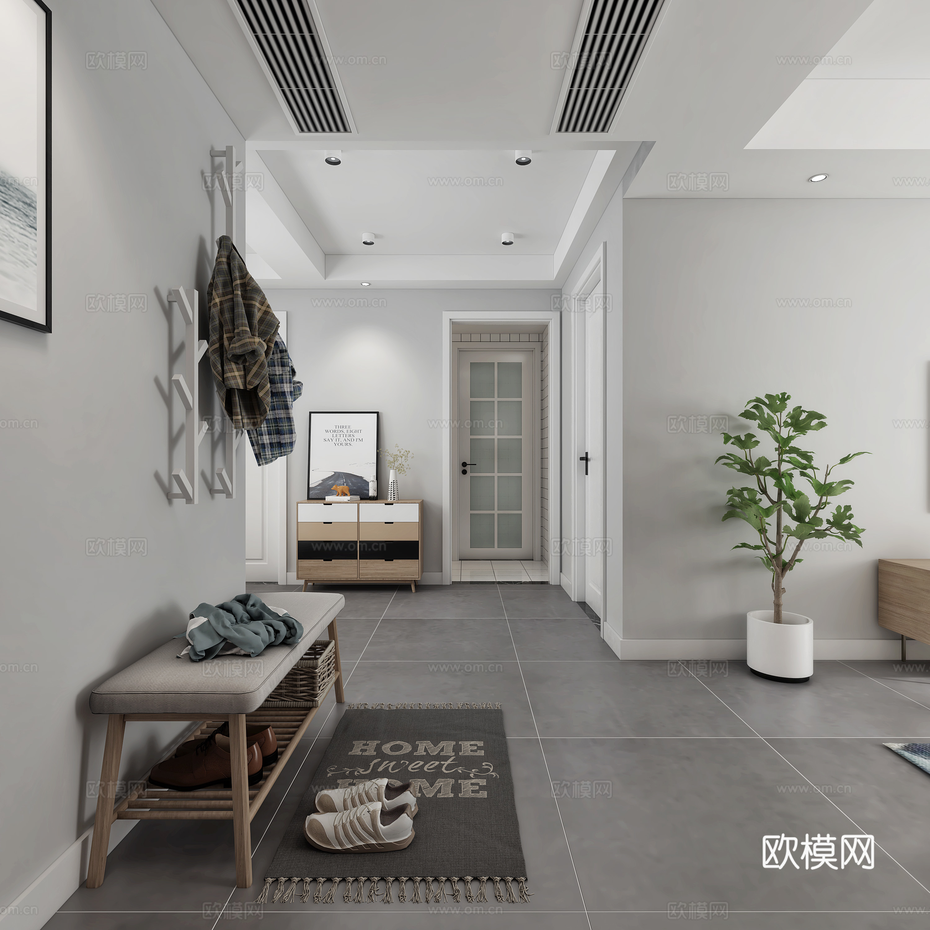 北欧客餐厅组合 挂画吊灯绿植3d模型