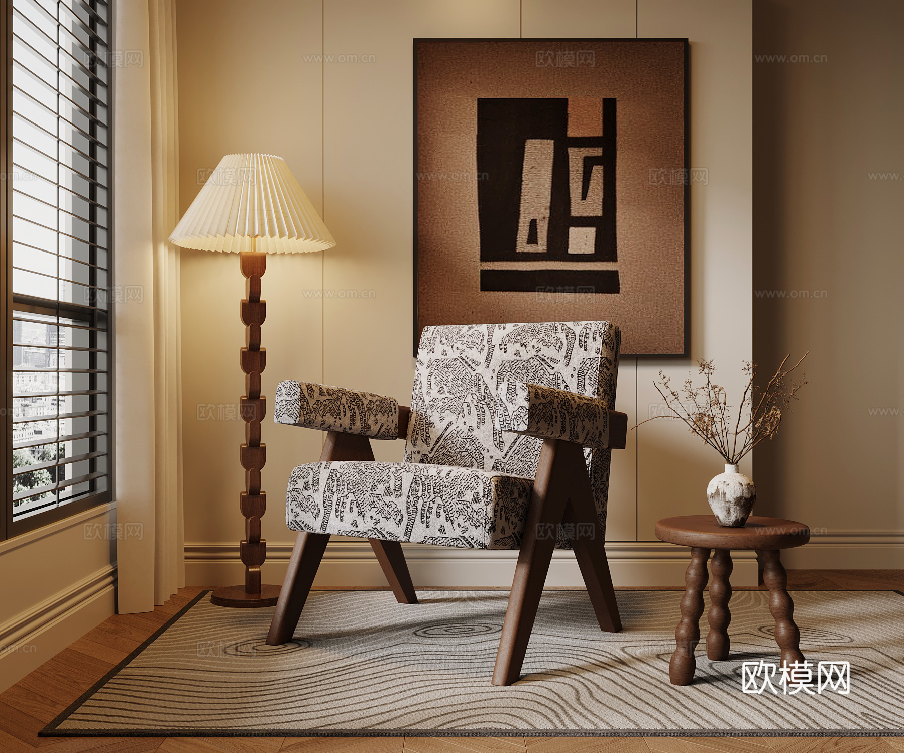 中古风休闲椅 落地灯 边几 装饰画3d模型
