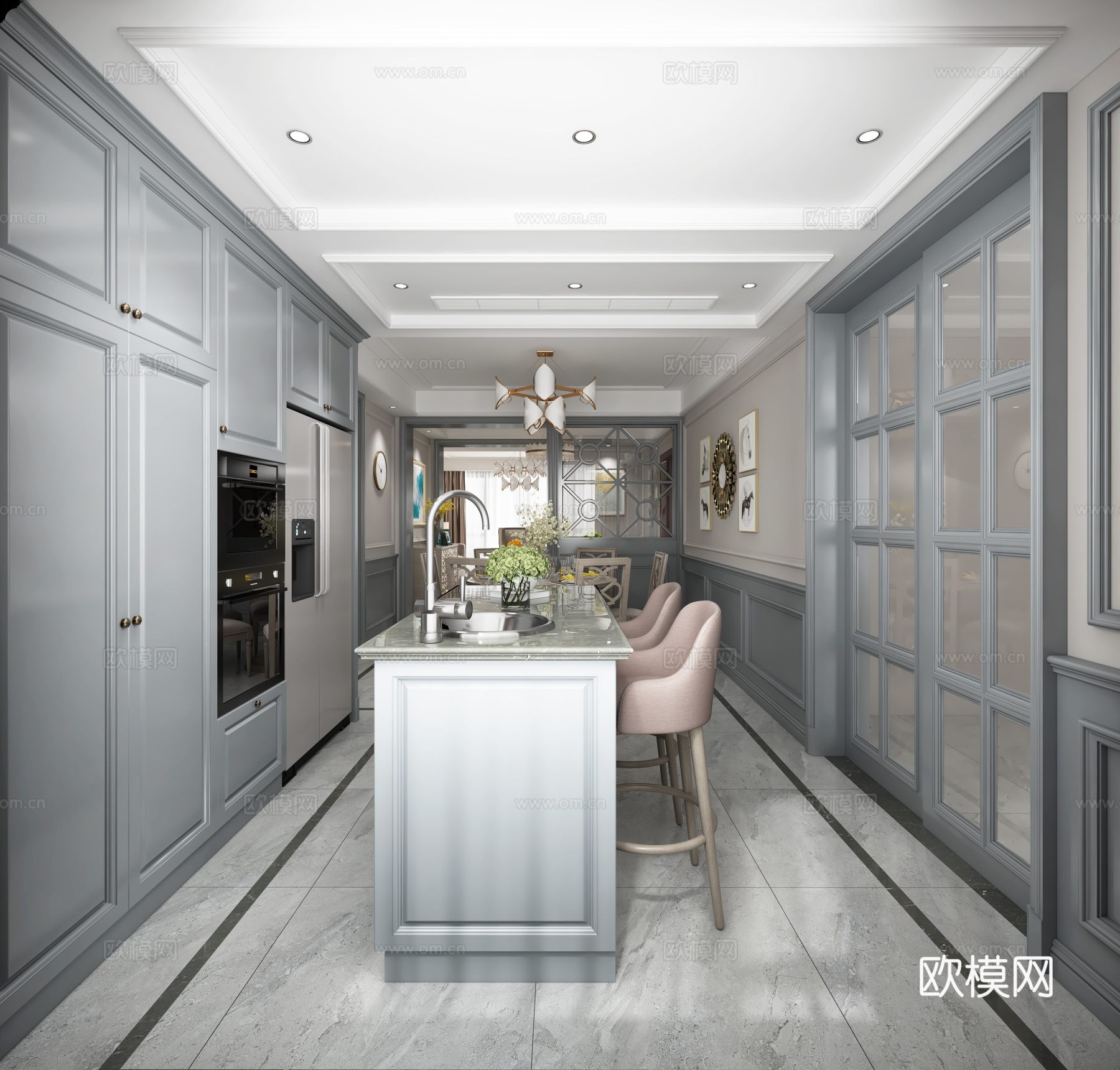 美式现代美式客餐厅玄关组合3d模型