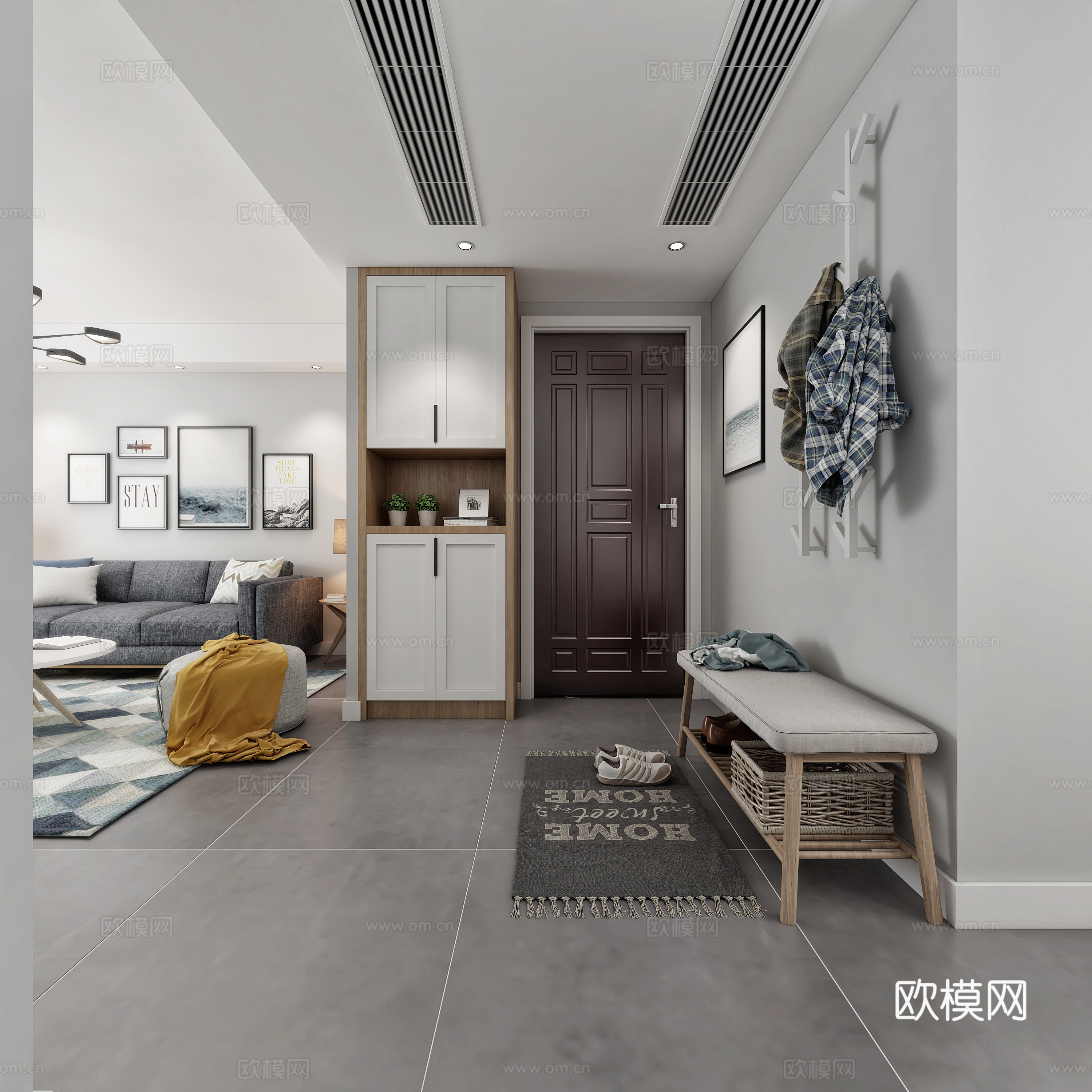 北欧客餐厅组合 挂画吊灯绿植3d模型