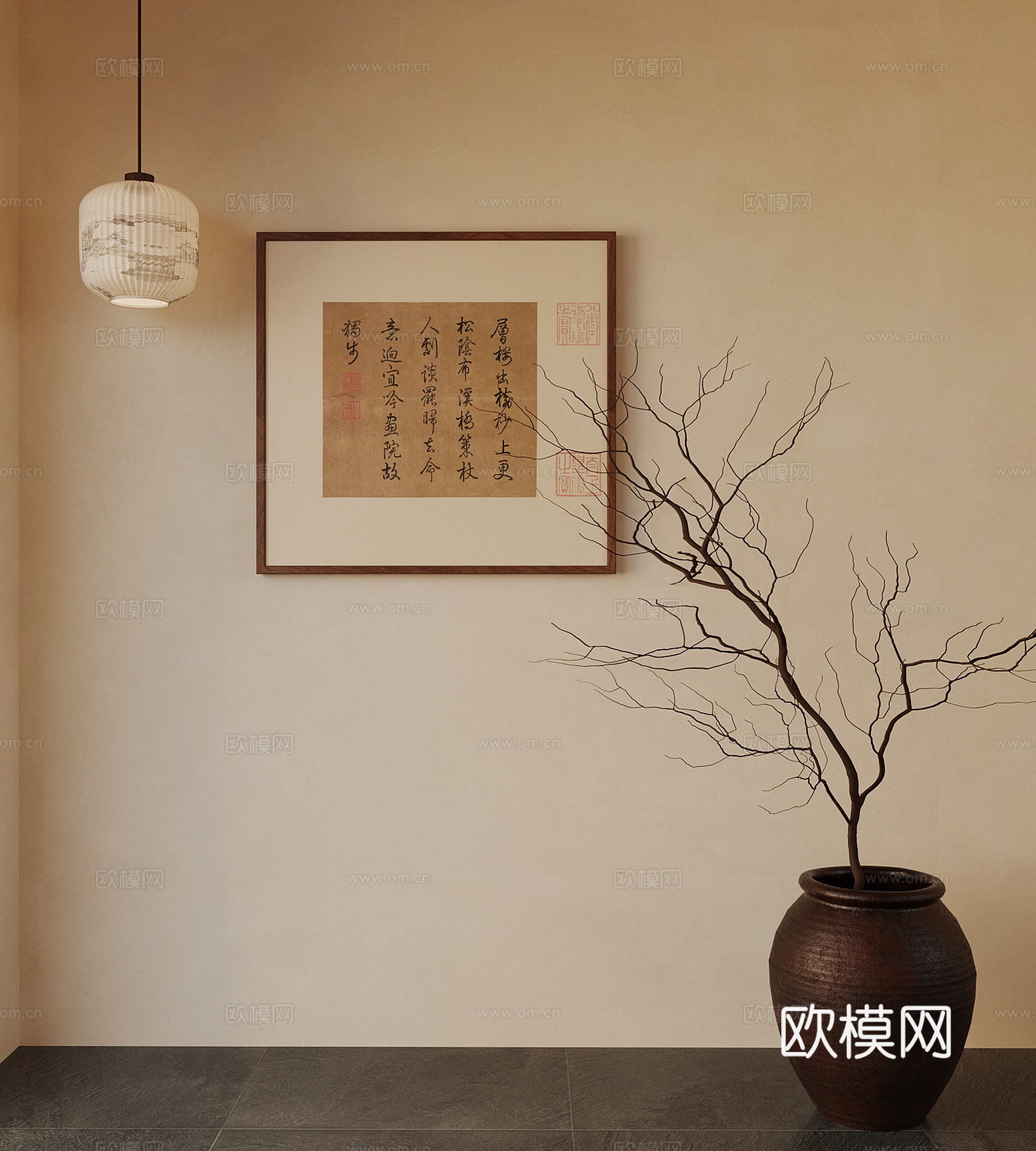 新中式装饰画 陶罐花瓶 花艺 干枝 树枝 小吊灯3d模型
