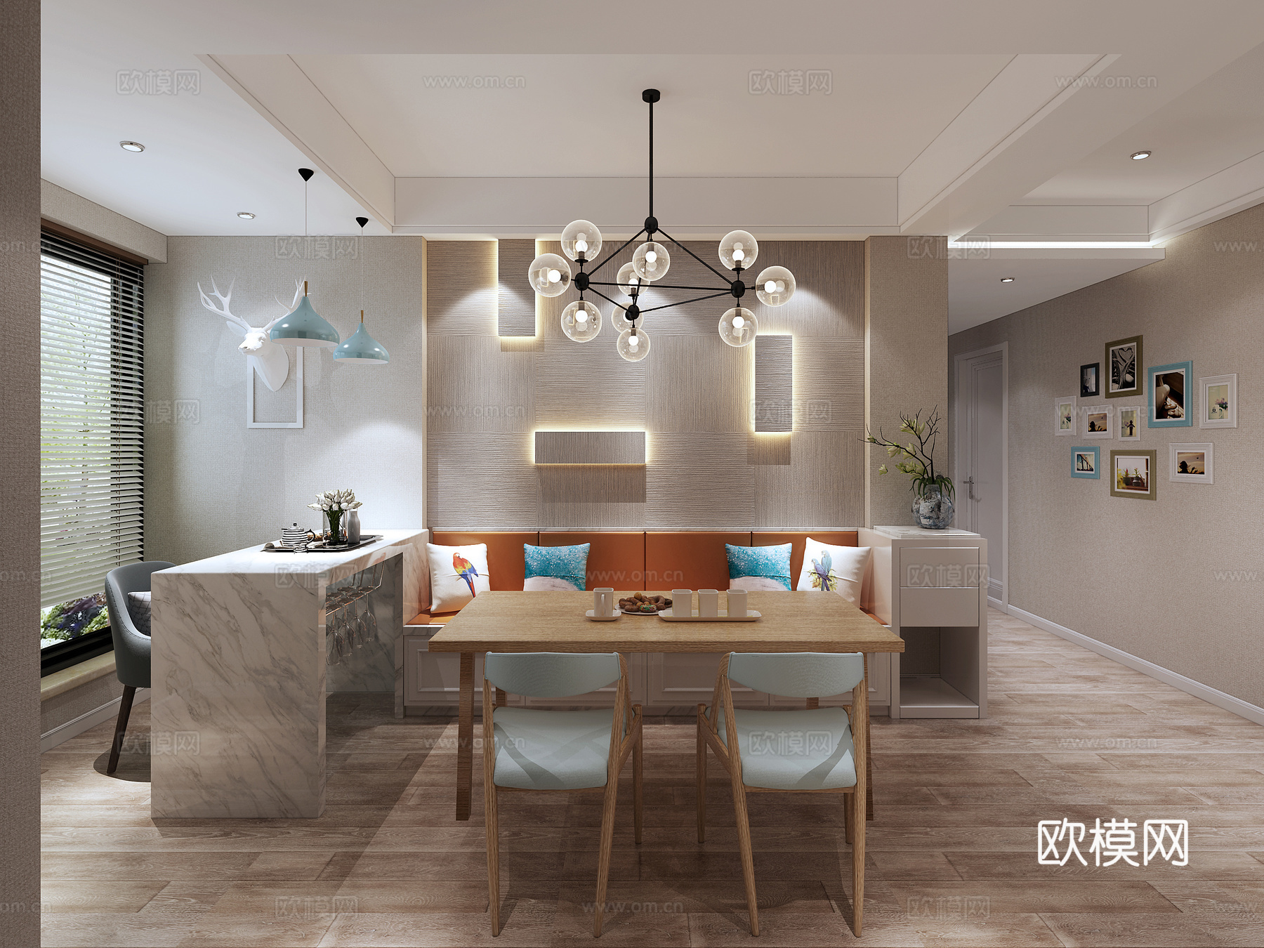 美式客厅餐厅书房 沙发组合 电视柜 餐桌 吊灯 装饰画 壁灯3d模型