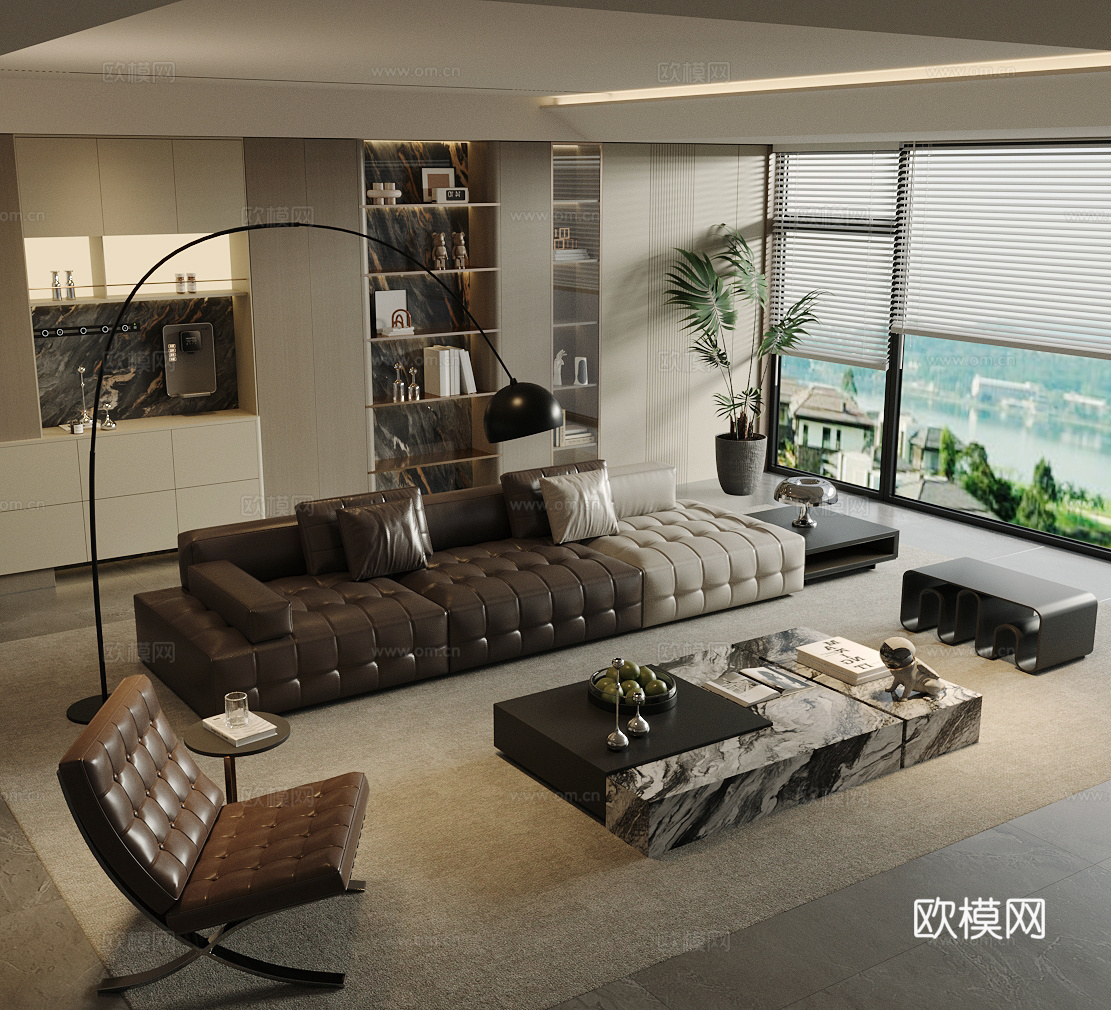 现代意式家居客厅 轻奢意式客厅 沙发茶几组合 高级灰客厅su模型