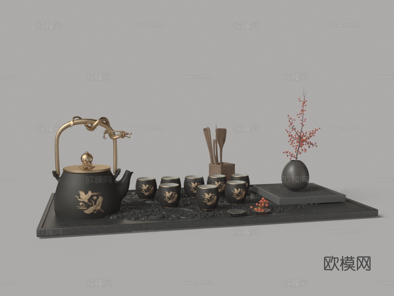 中式描金茶具组合 茶壶 茶杯 花瓶 托盘3d模型