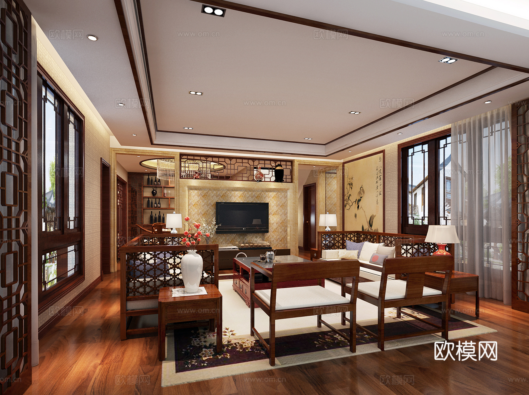 中式客厅 中式沙发 壁画 花格3d模型